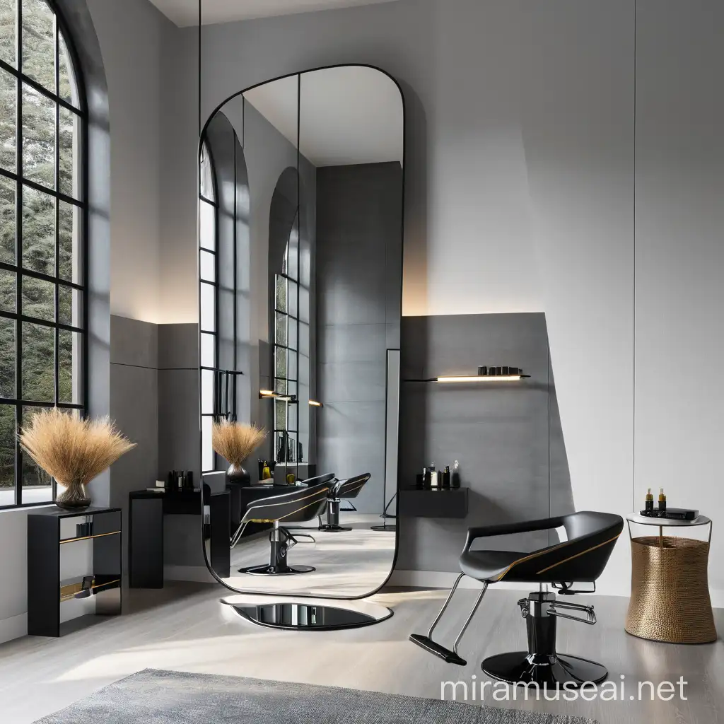 modernized salon featuring sleek lines, minimalist design elements, and cutting-edge technology. maintain the mirror's original shape and its black frame, 