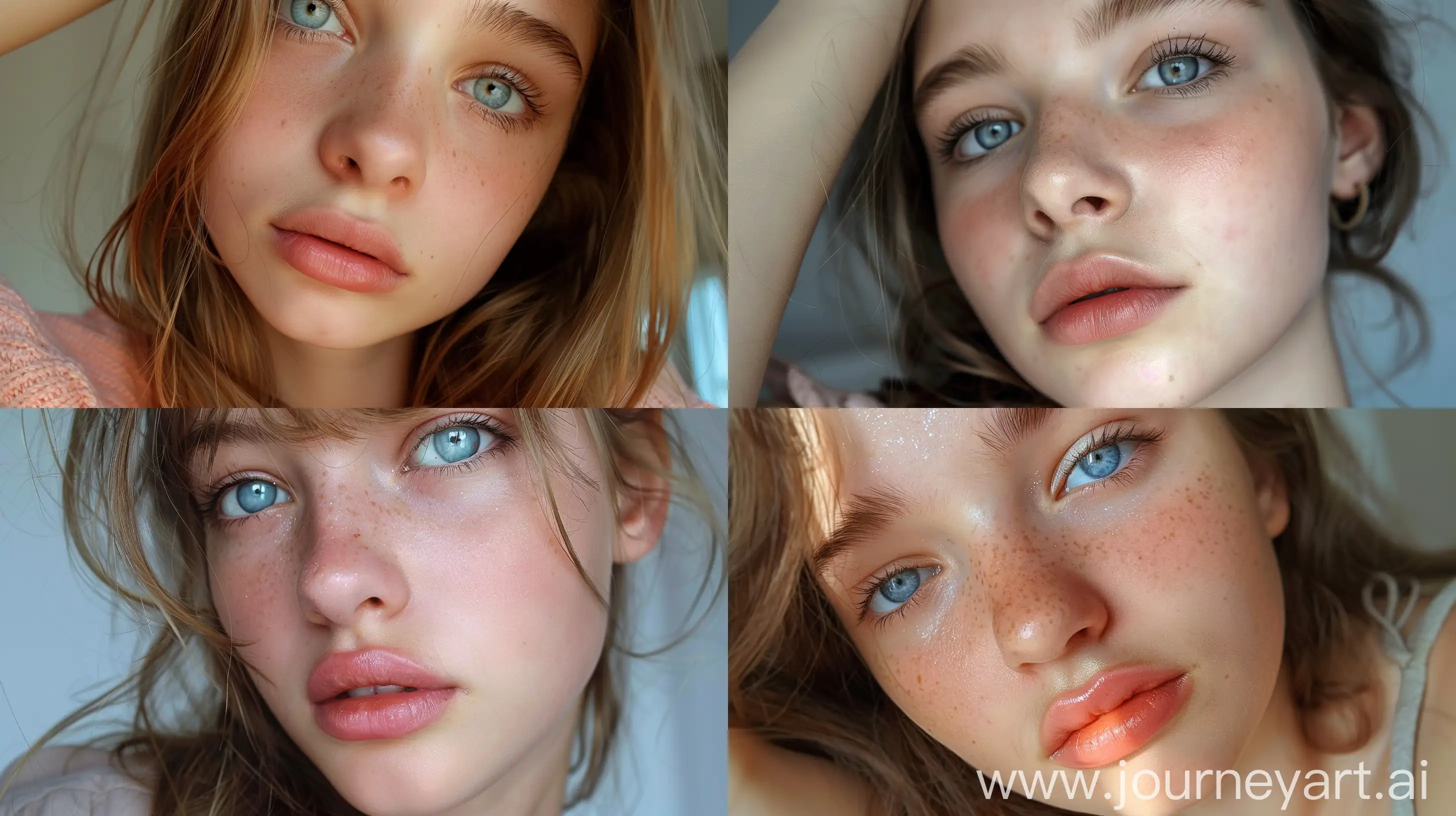 Young-Girl-in-Comfortable-Fashion-Takes-Selfie-with-Light-Blue-Eyes