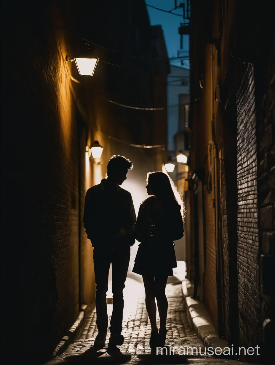 A young couple shares a clandestine moment in the dimly lit alleyways of a bustling city, their silhouettes entwined against the urban backdrop. Mystery, Urban, Romance, Shadows, Secrecy. DSLR. 50mm. Evening. Silhouette, Urban. Color Negative. Manual Mode. Deep shadows, Moody ambiance.
