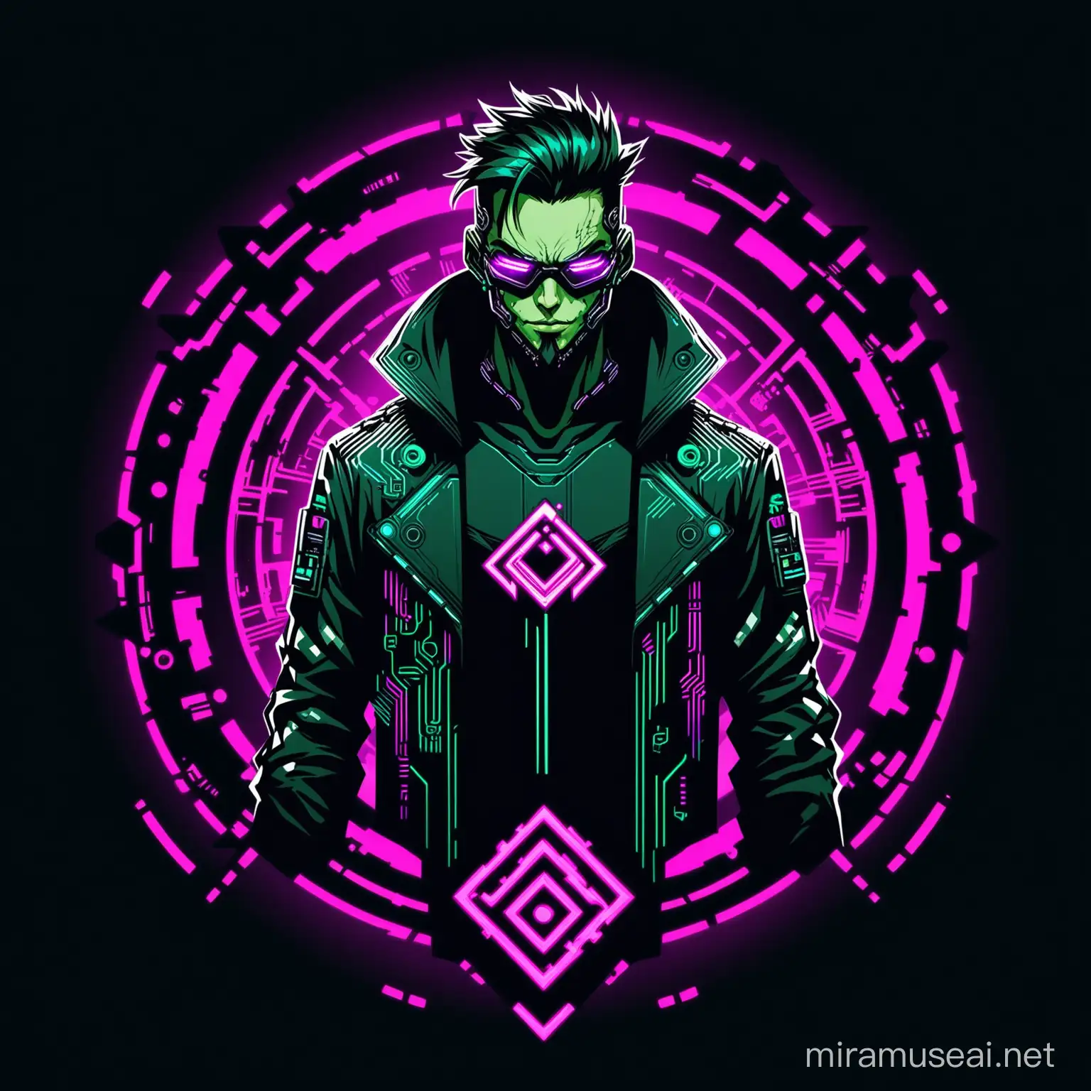 Sinister Cyberpunk Figure with Prominent Logo