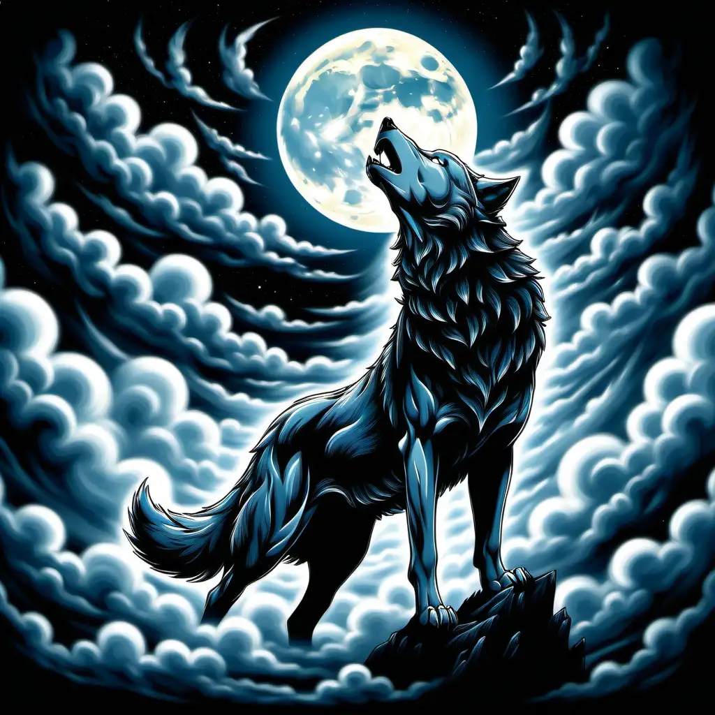 Create an ethereal image of a wolf silhouette outlined against a moonlit sky, its form composed of billowing clouds. Infuse the scene with an aura of strength and power, showcasing the wolf as a majestic guardian amidst the swirling, dynamic cloud formations