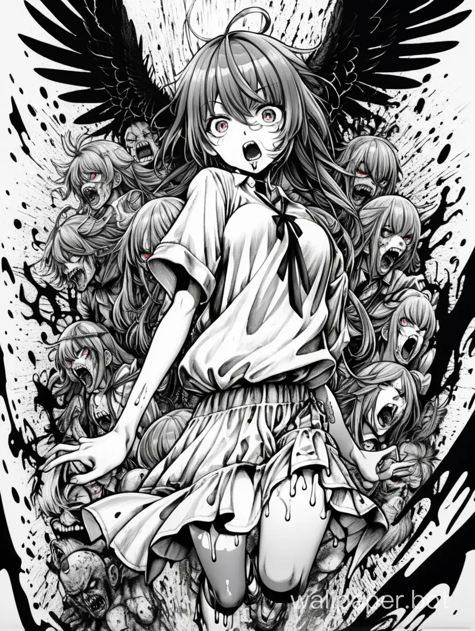 horror anime, hentai angel, grotesque explosion of rage, linearity, dripping ink, hyper-detailed anime art, shirt illustration, white background
