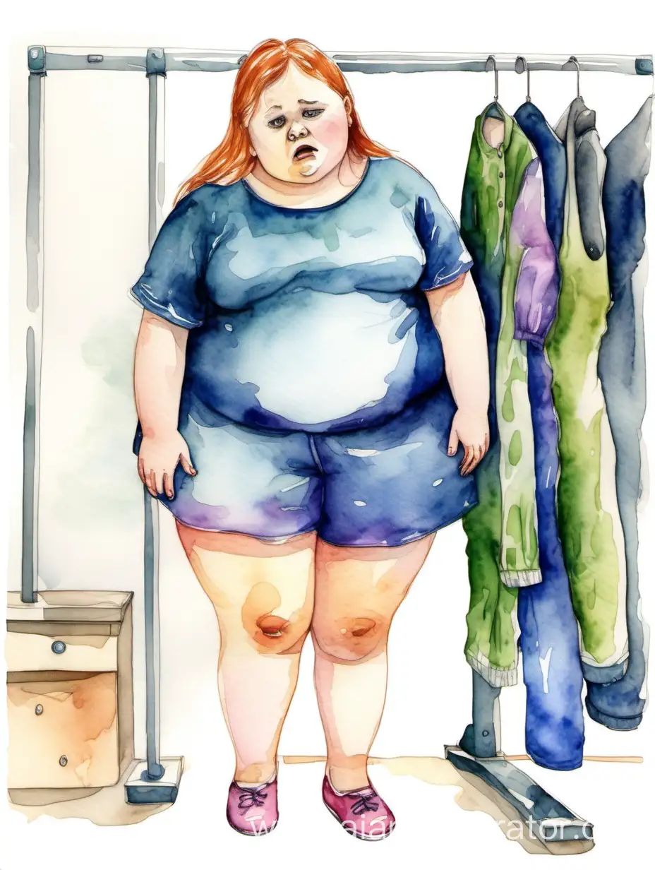 толстая девушка в примерочной не может надеть на себя штаны, потому что они малы, девушка плачет акварель, цветное изображение на белом фоне
