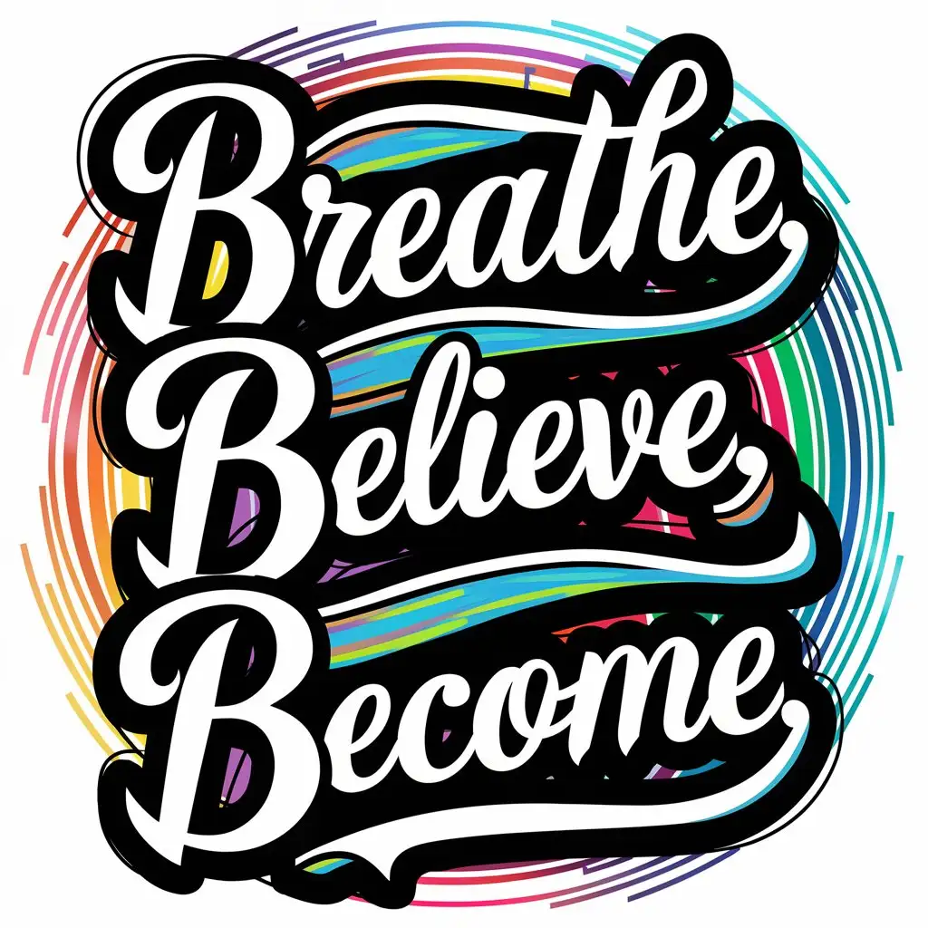 A vector t-shirt design of text: "Breathe, Believe, Become" with intricate flourishes and a blend of script and serif fonts. Thick black outlines., typography, illustration, vibrant colors, poster
