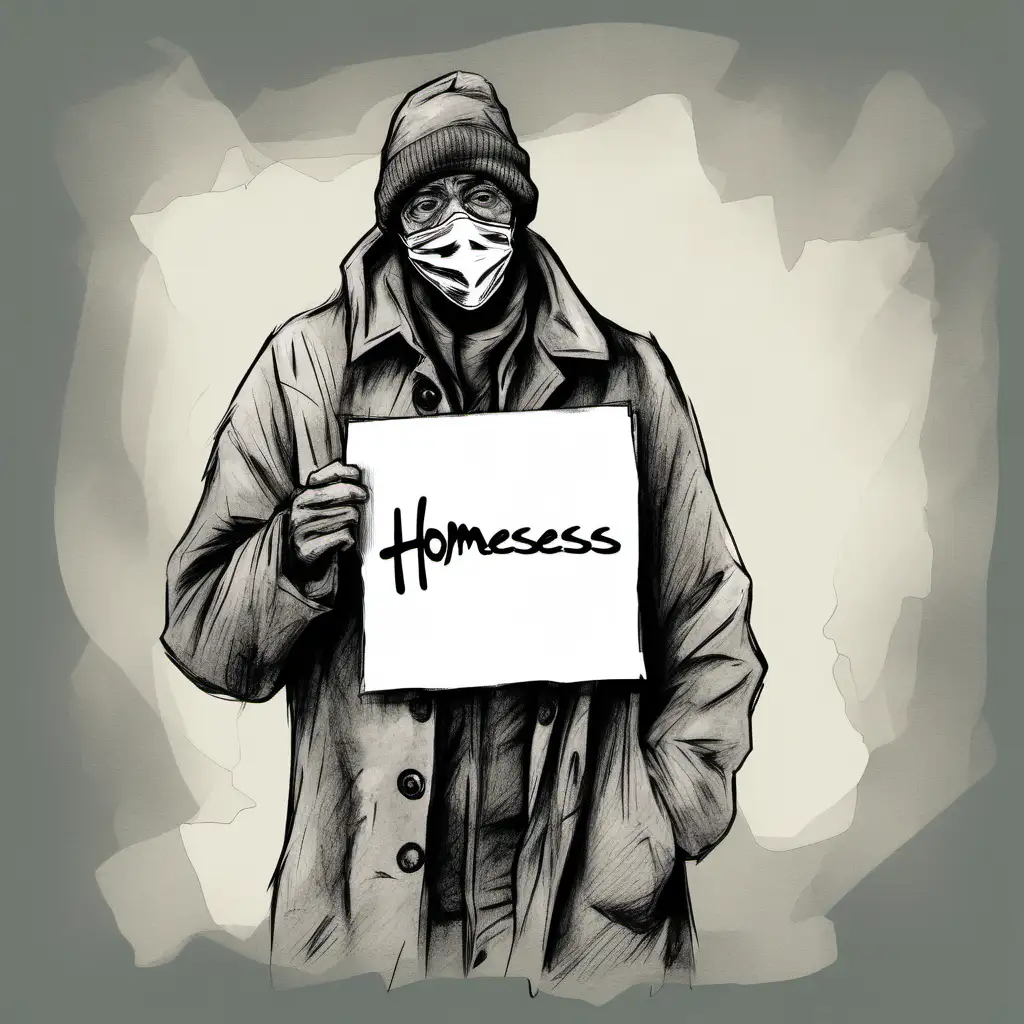 Sketch of Masked Homeless Man Holding Sign in Tattered Overcoat