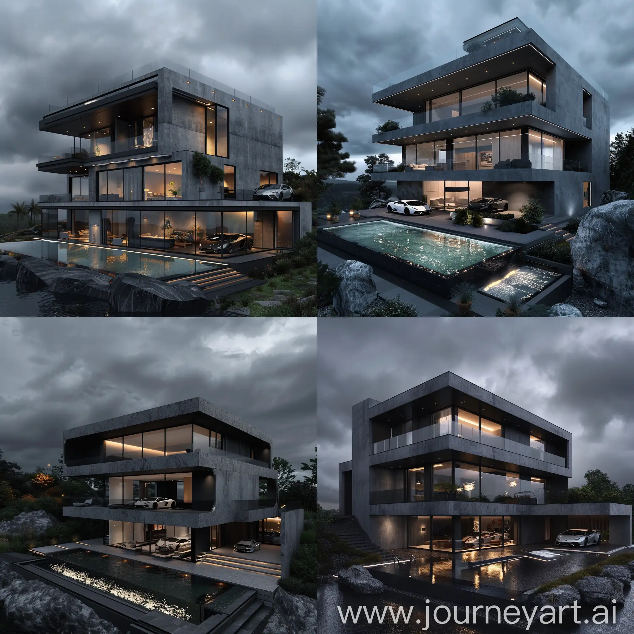 A modern three-story gray and black villa, with soft lighting<infinity glass pool, a Lamborghini car in the yard, cloudy weather, on a dark-colored rock, landscaped, real photo
