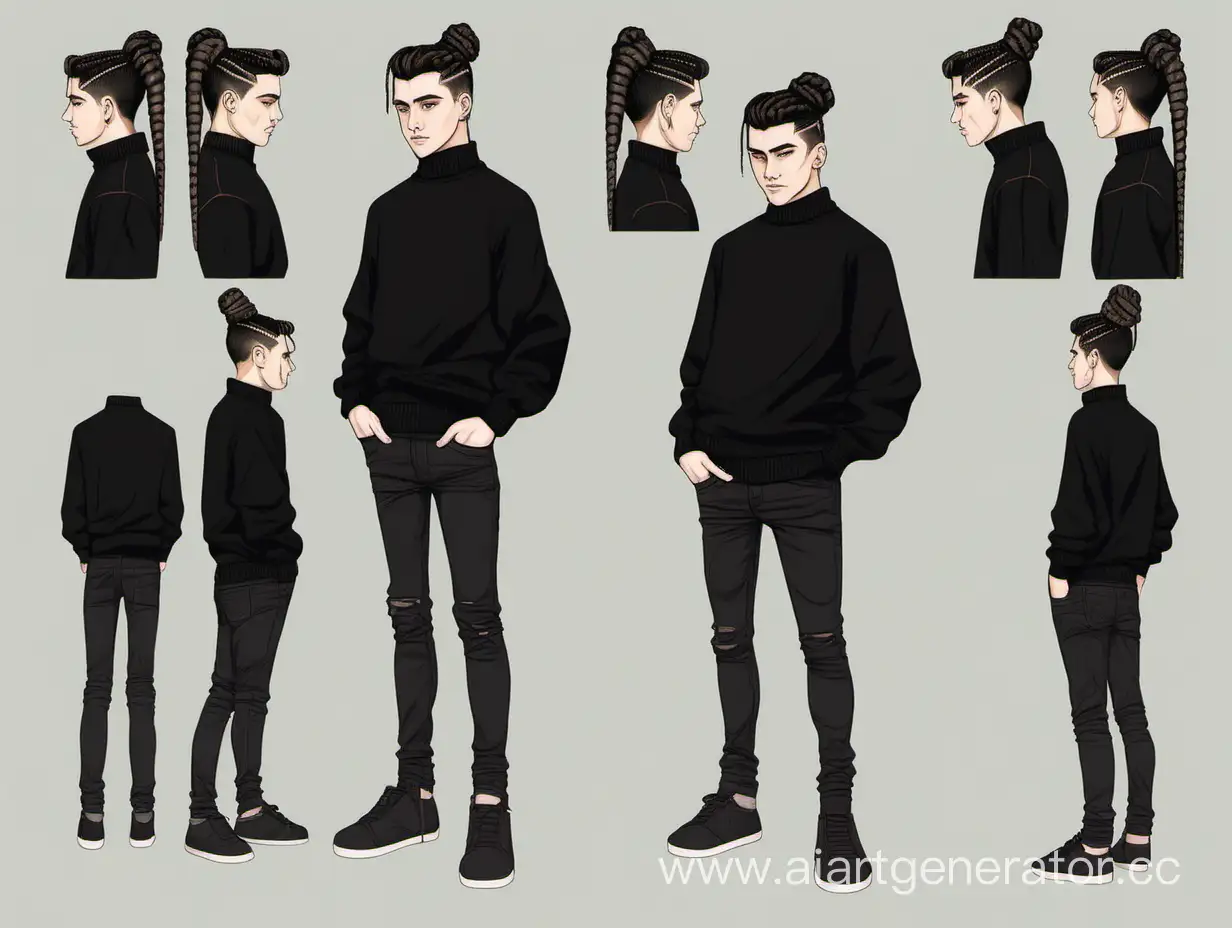 Мужчина 19 лет в чёрной кофте и чёрных джинсах, с тёмными волосами заплетёнными в пучок в стиле обычного рисунка
