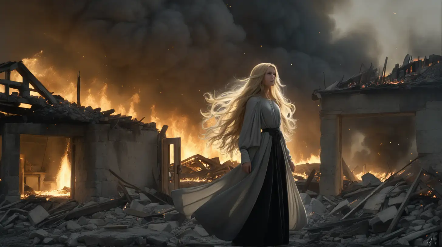 a woman with long blonde billowing hair is standing with black pants and long grey tunic. there is a glowing white halo of light behind the woman. She is standing in the rubble of a burning village. there are ashes and embers floating around. there are yellowing glowing lights all around. 