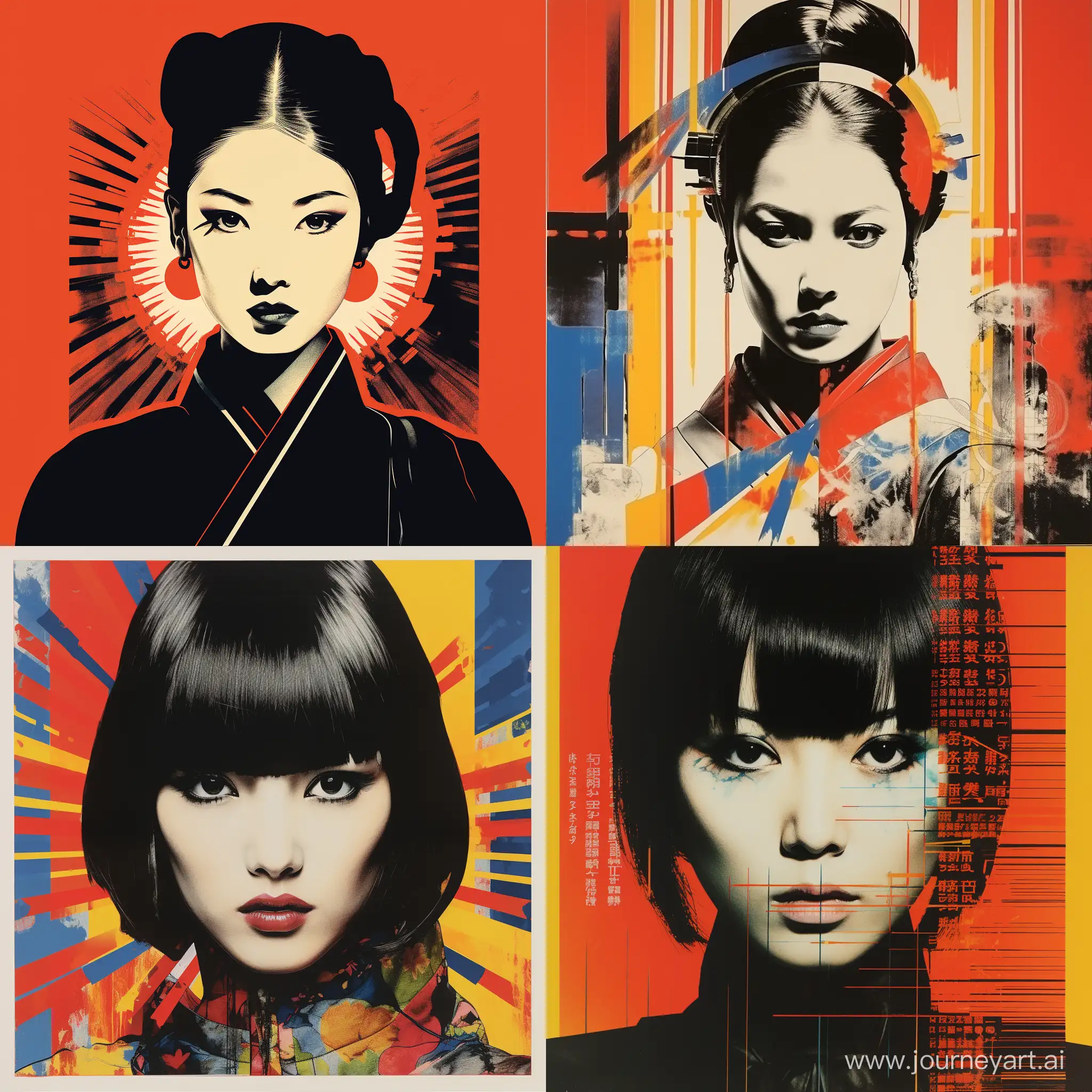 Colorful Japanese retro poster, a female Caucasian assassin, contrast, mix of avant-garde art