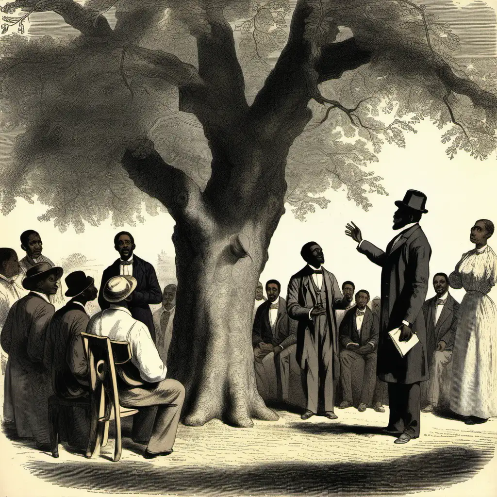 African-American preacher, preaching to people  near a  oak tree, 1872