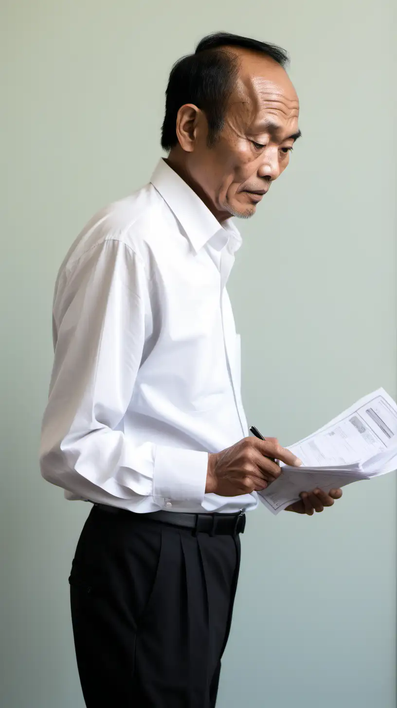 a 60 year old south east asian man with skinny figure, black short thin sleek hair, full face big forehead, wearing white button up shirt and black pants. Handing documents from side view