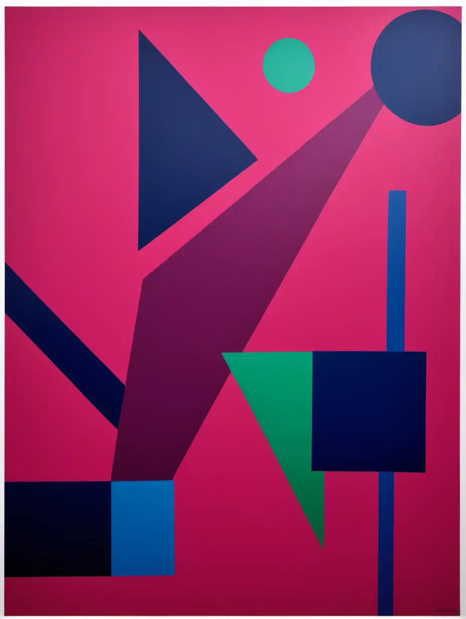 Abstract print, bold geometric shapes, deep pink with a splash of blue and green, vivid colours