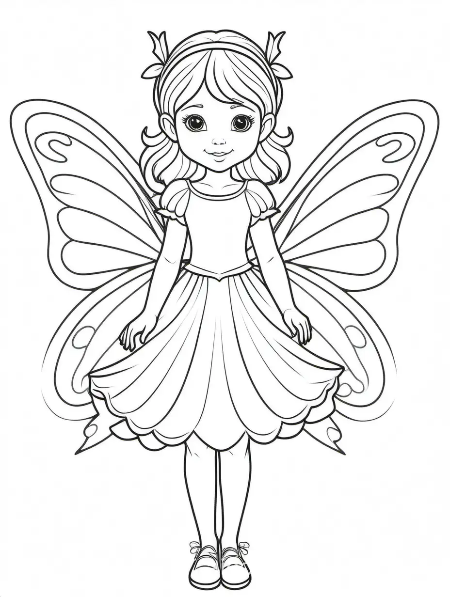 little girl in a fairy costume, Coloring Page, black and white, line art, white background, Simplicity, Ample White Space. The background of the coloring page is plain white to make it easy for young children to color within the lines. The outlines of all the subjects are easy to distinguish, making it simple for kids to color without too much difficulty