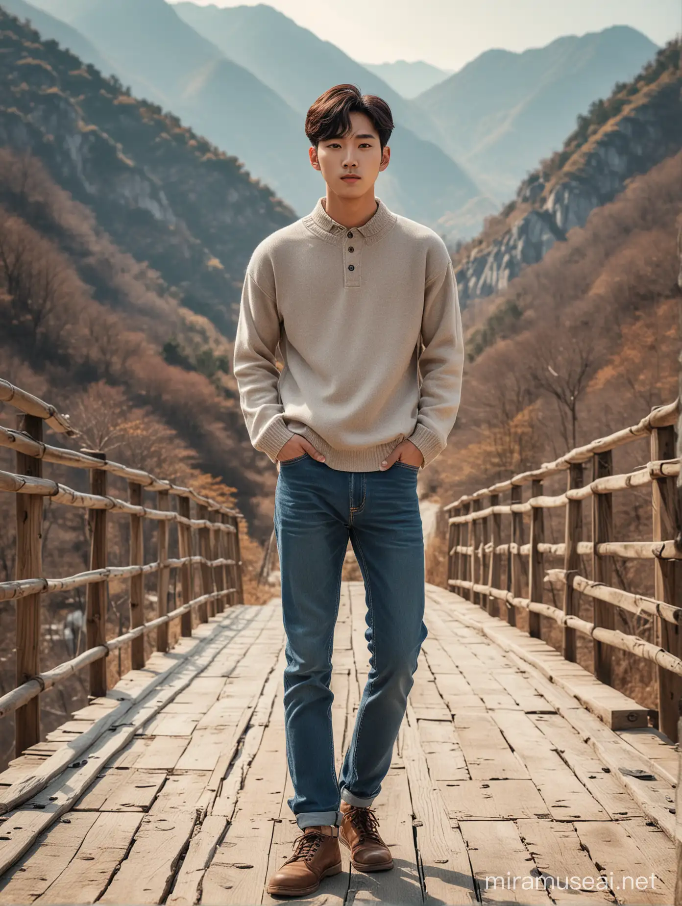 Handsome Korean Youth Posing on Bridge Against Mountain Backdrop