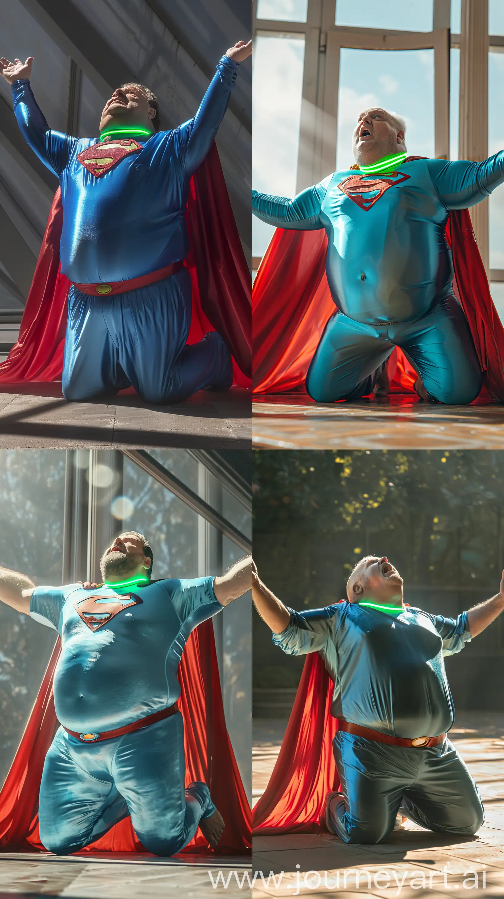 Full body photo of a fat man aged 60 wearing a tight silk blue complete superman uniform with a red cape and tight green glowing neon dog collar on the neck. Falling on his knees on the floor looking at the sky. Arms wide opened. Outside. Natural light --style raw --ar 9:16