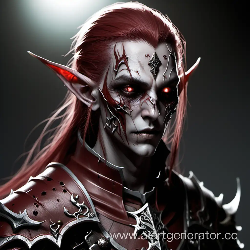 pale undead elf, many stitches, wounds and scars, s, gray eyes, light dark red armor, stitches on the face ,dark cleric