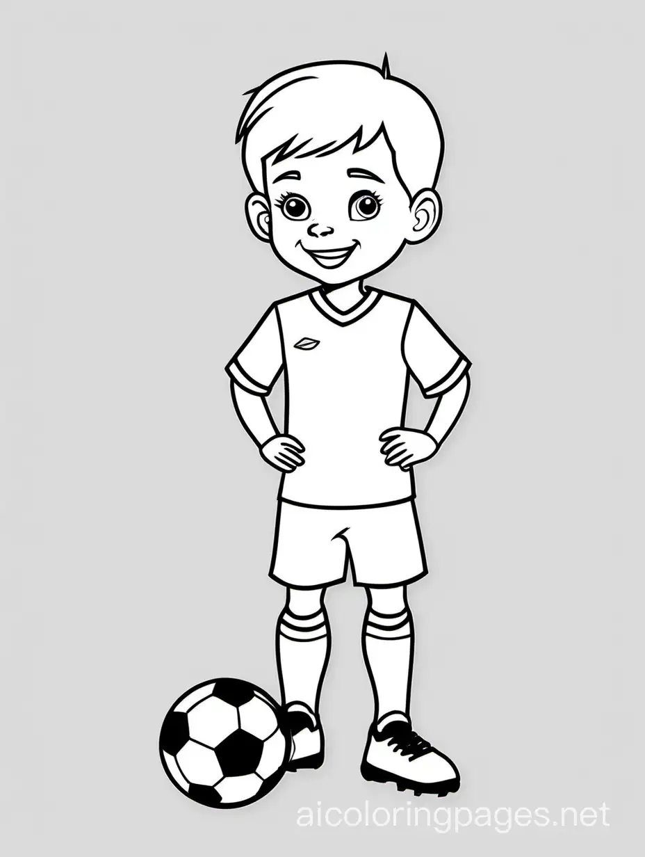 cute  child soccer player posing for a photo, Coloring Page, black and white, line art, white background, Simplicity, Ample White Space. The background of the coloring page is plain white to make it easy for young children to color within the lines. The outlines of all the subjects are easy to distinguish, making it simple for kids to color without too much difficulty
