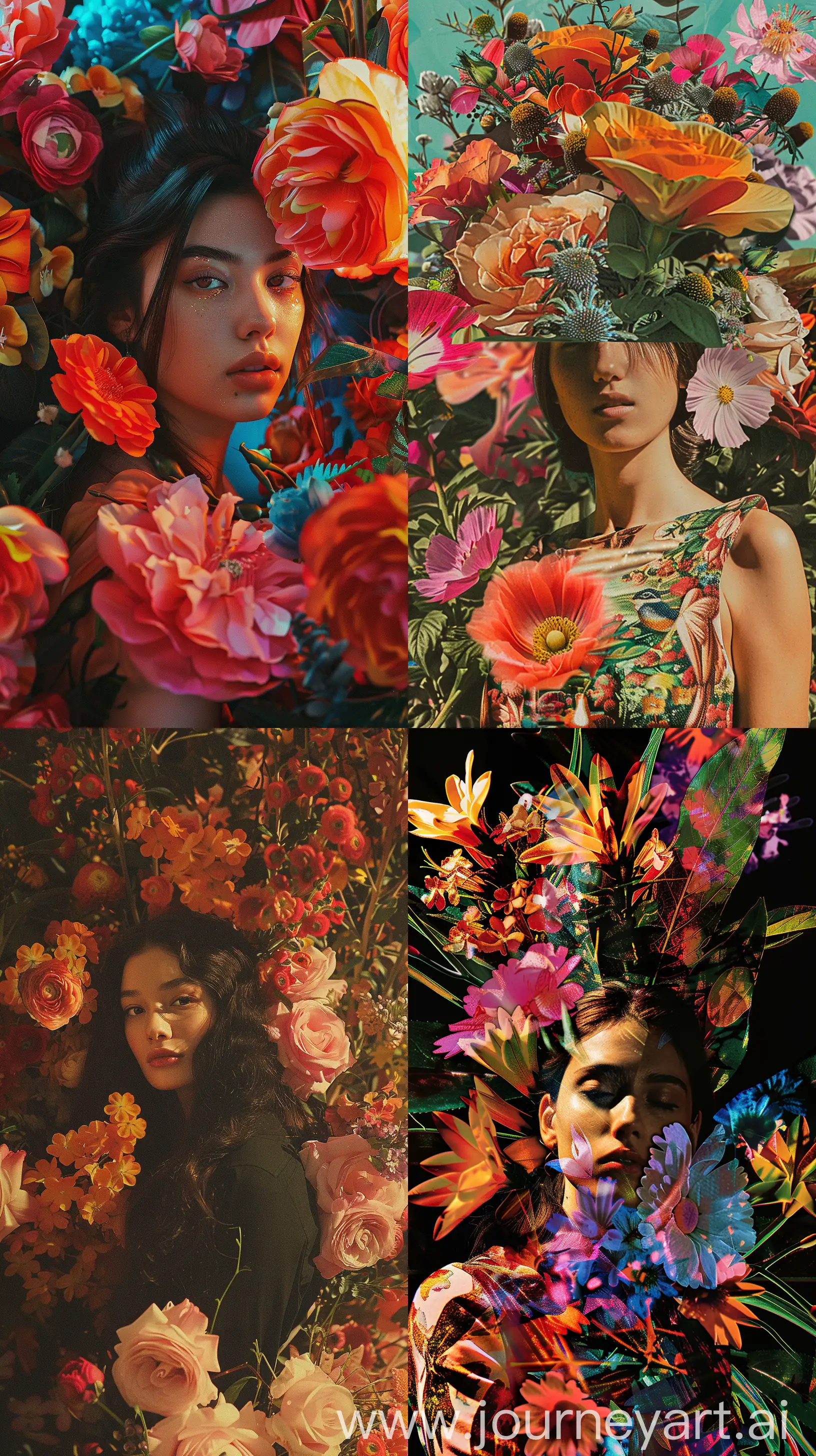 a woman is standing in front of a bunch of flowers, in the style of vibrant collage, extravagant, bella kotak, album covers, carson grubaugh, uhd image, lasar segall --ar 9:16