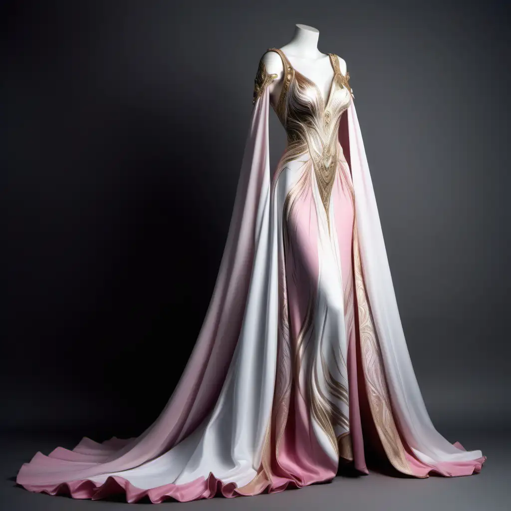 Pink and white gold gown, silver embellishments, flowy fabric, fantasy, exotic, sexy
royalty, noble, princess