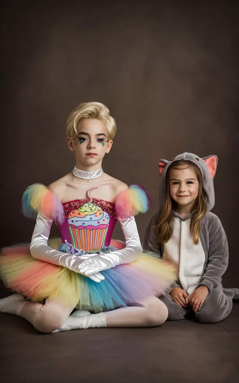 Role-reversal Photograph of a cute 7-year-old little blonde boy with short smart hair shaved on the sides, he is sitting on the floor of a photography studio posing elegantly, serious expression, the boy is done up in a vast draping silky rainbow ornate cupcake ballerina dress with poofy sleeves and long gloves, the boy’s face has black eyeliner and perfect makeup on,  elegant photograph, the boy is sitting with a long-haired smiling girl, the girl is wearing an elephant onesie, English, adorable, perfect faces, perfect faces, smooth Skin