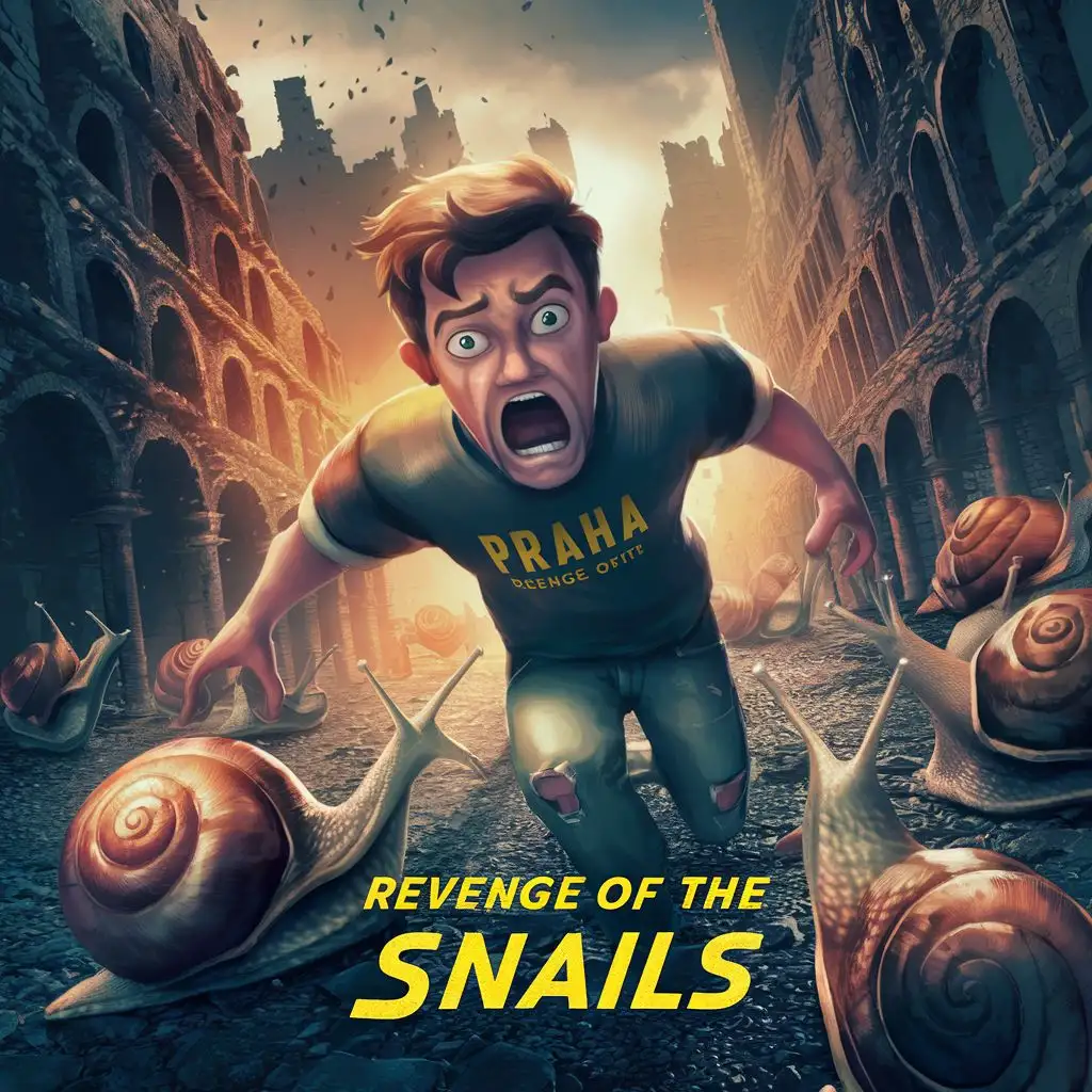 logo, a terrified man flees through a ruined city from an attack of large snails. the man has short brown hair and the inscription Praha on his T-shirt, with the text "Revenge of the Snails", typography