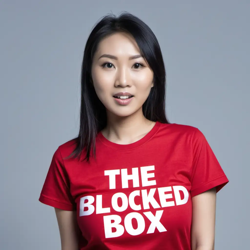 Modern Asian woman in red shirt with the words "The Blocked Box"  on her shirt

