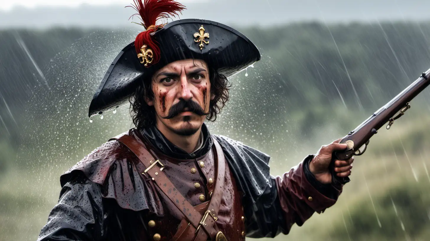 Soldado de los tercios españoles del siglo XVI  con bigote , lluvia, la cara manchada, el pelo mojado, apuntando al horizonte con un mosquete