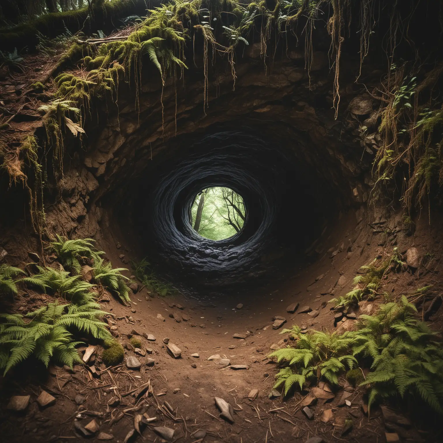 The view seen by a child who has crawled into a hollow space and is peering through a hole, seeing a fantasy forest