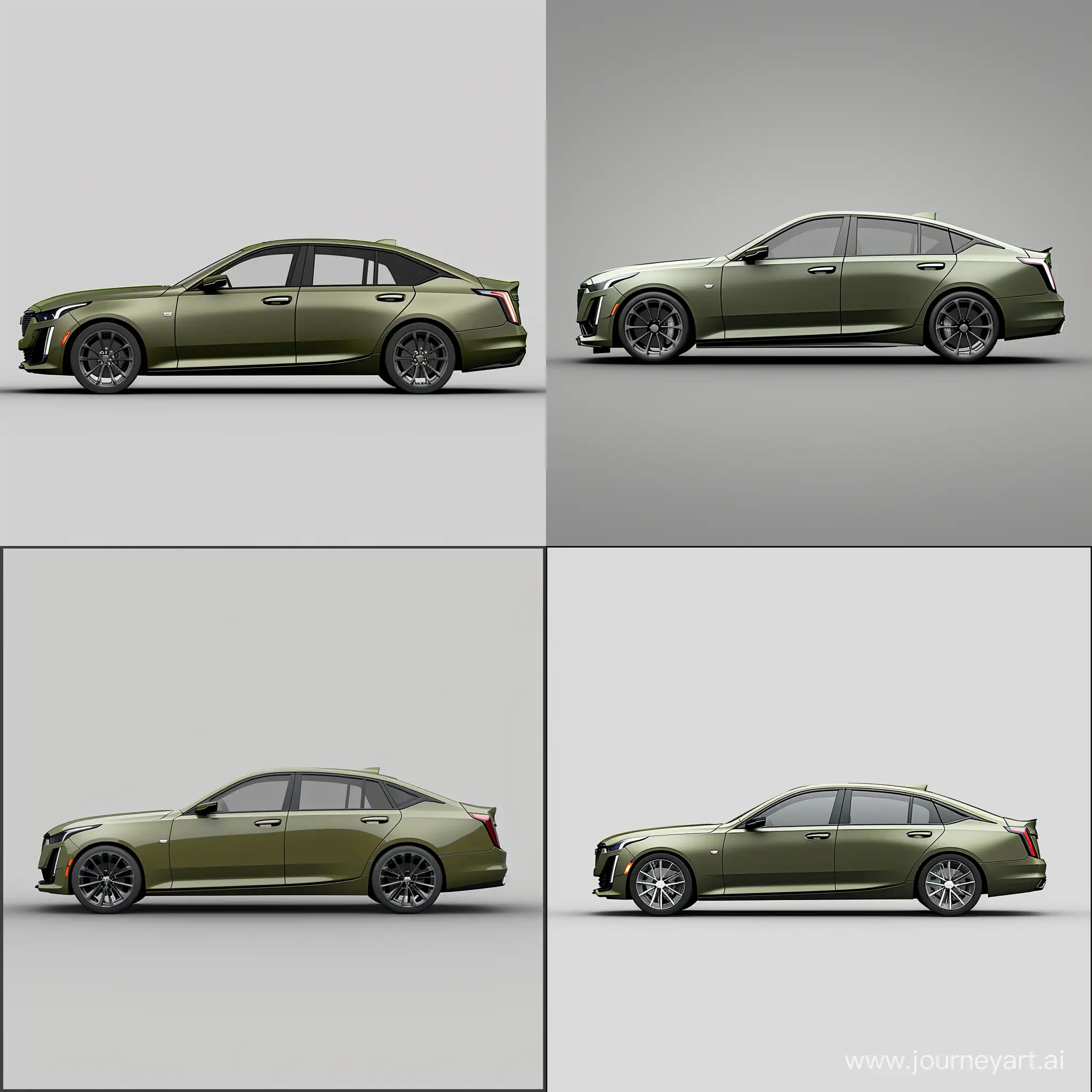 Minimalism 3D Modeling Car of Side View, Cadillac CT5: Olive Green Body Color, Simple Gray Background, Adobe Illustrator Software, High Precision