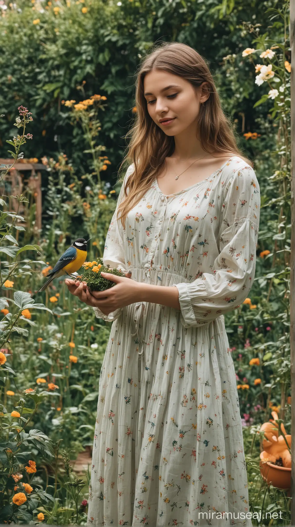 A quite girl in garden with a bird