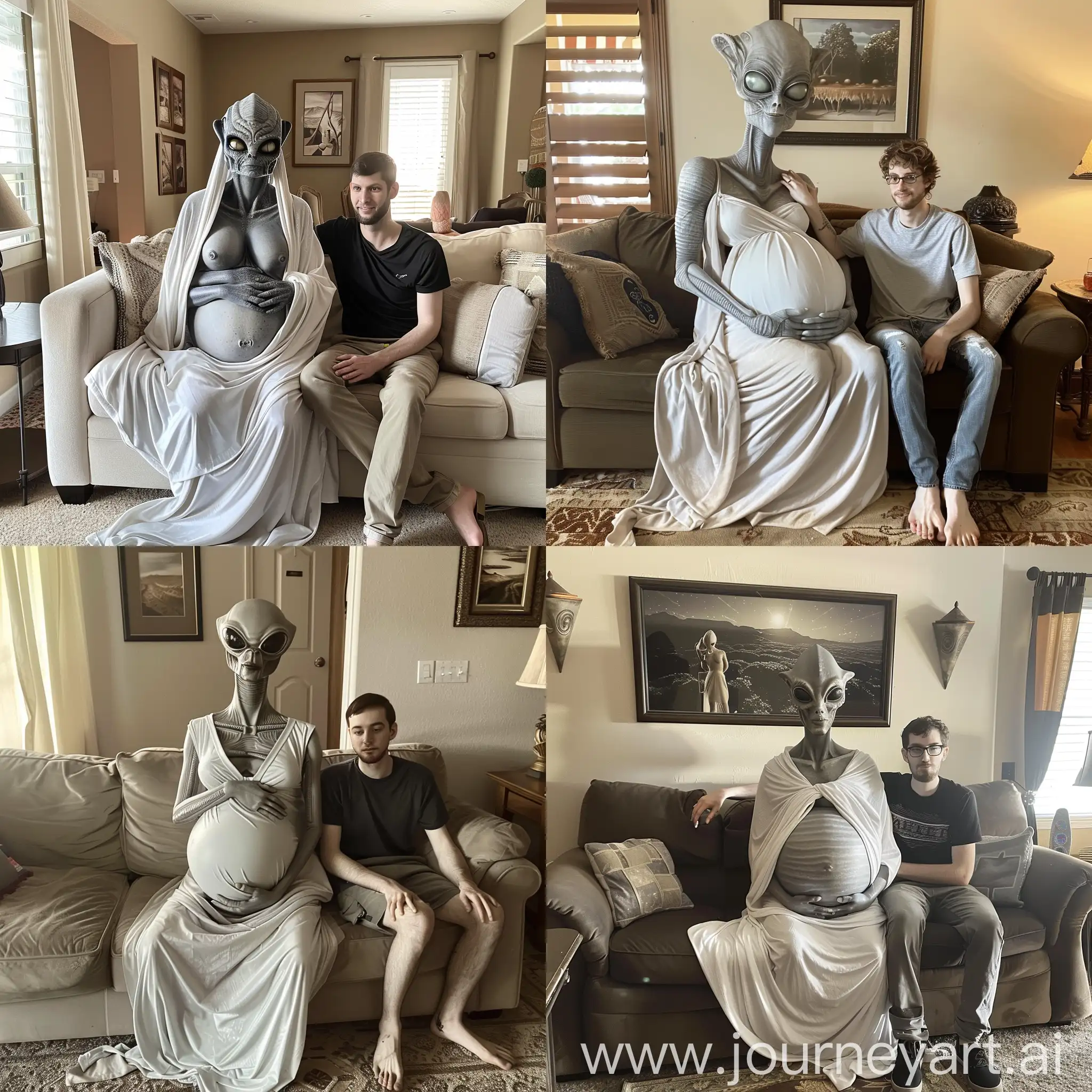 A very pregnant female gray Alien in a white toga, Her pregnant tummy is very large. The alien is pregnant with Triplets. 6'11" in height. She is sitting on your couch in your living room. A 26 year old Human Male named Matt (5'11" in height) is sitting next to her, Taking care of her. The Alien has her arm wrapped around Matt in a sweet loving and thankful gesture.