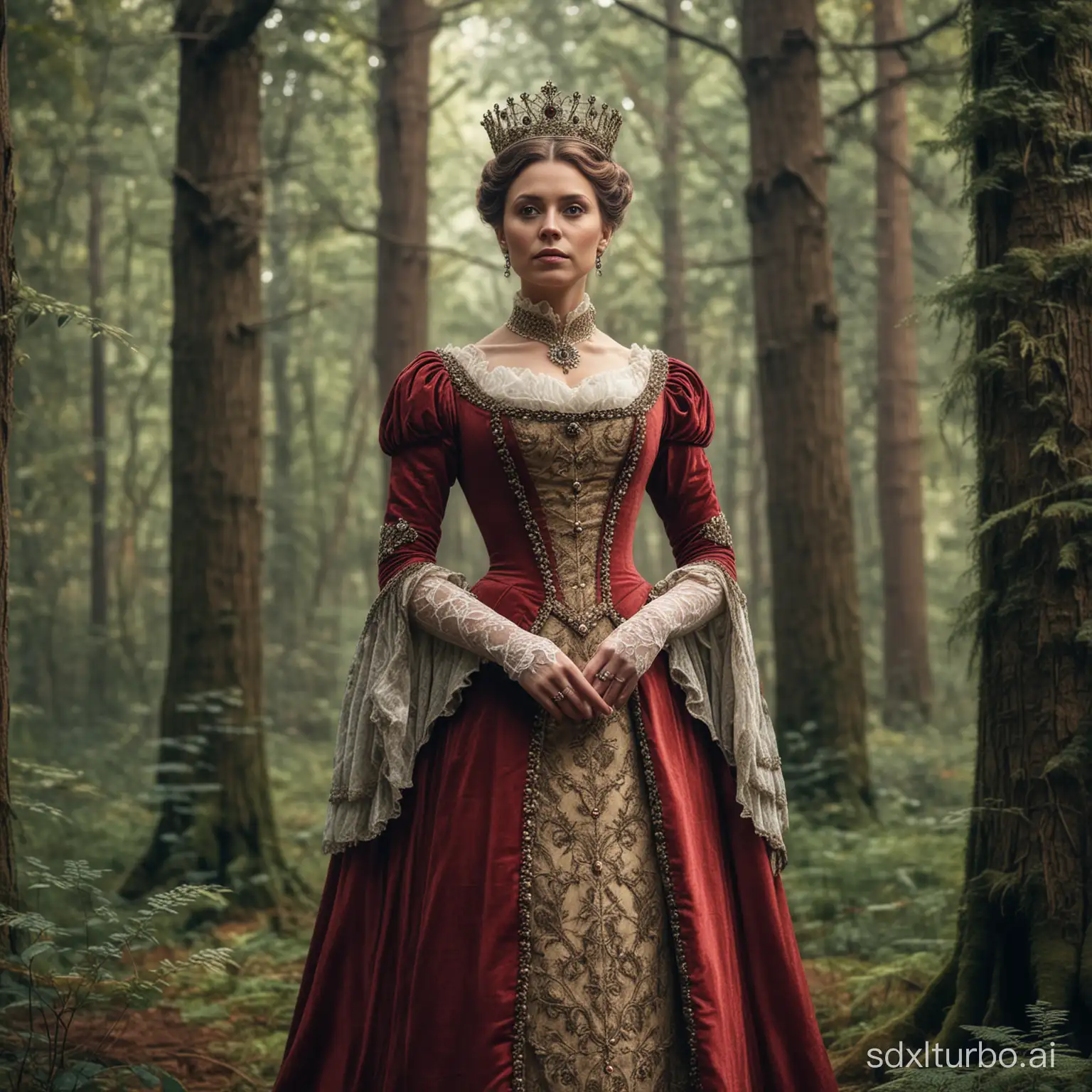 Victorian-Queen-Standing-in-Enchanted-Forest