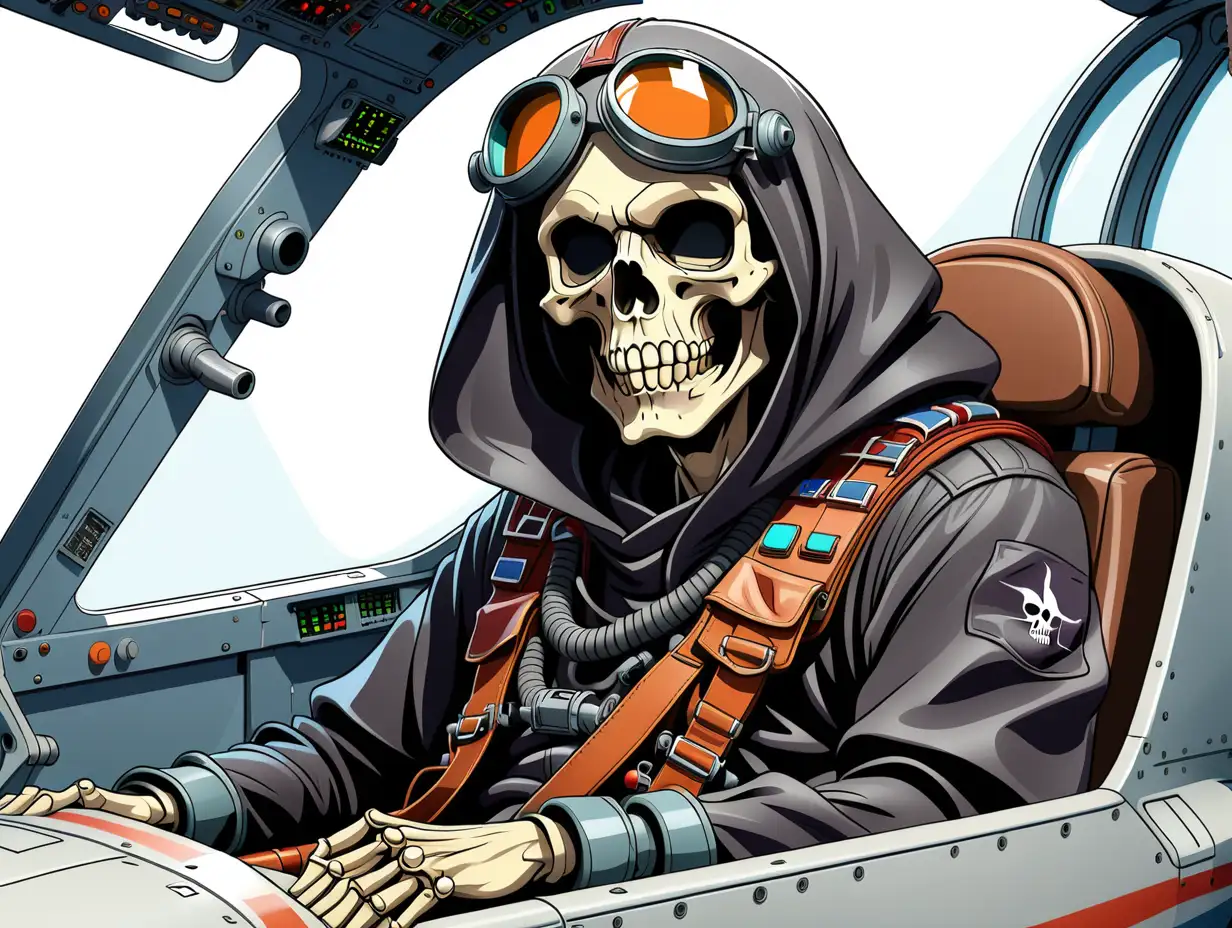 Graphic T-shirt vector of a Grim Reaper pilot sitting in the cockpit of an airplane, detail design, colorful, contour, white background