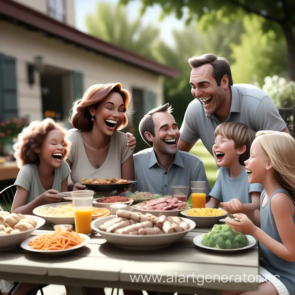 Счастливая семья сидит за столом где много еды на природе и смеются 