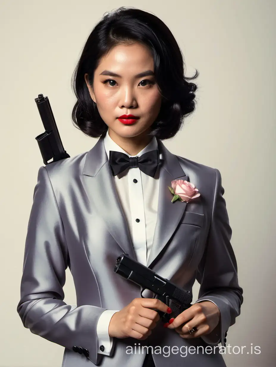 A female Vietnamese spy with shoulder length black hair and lipstick.  She is wearing a formal tuxedo with a black bowtie.  Her jacket is black and it is not buttoned.  Her jacket has a corsage.  Her cufflinks are black.   She is pointing a gun.