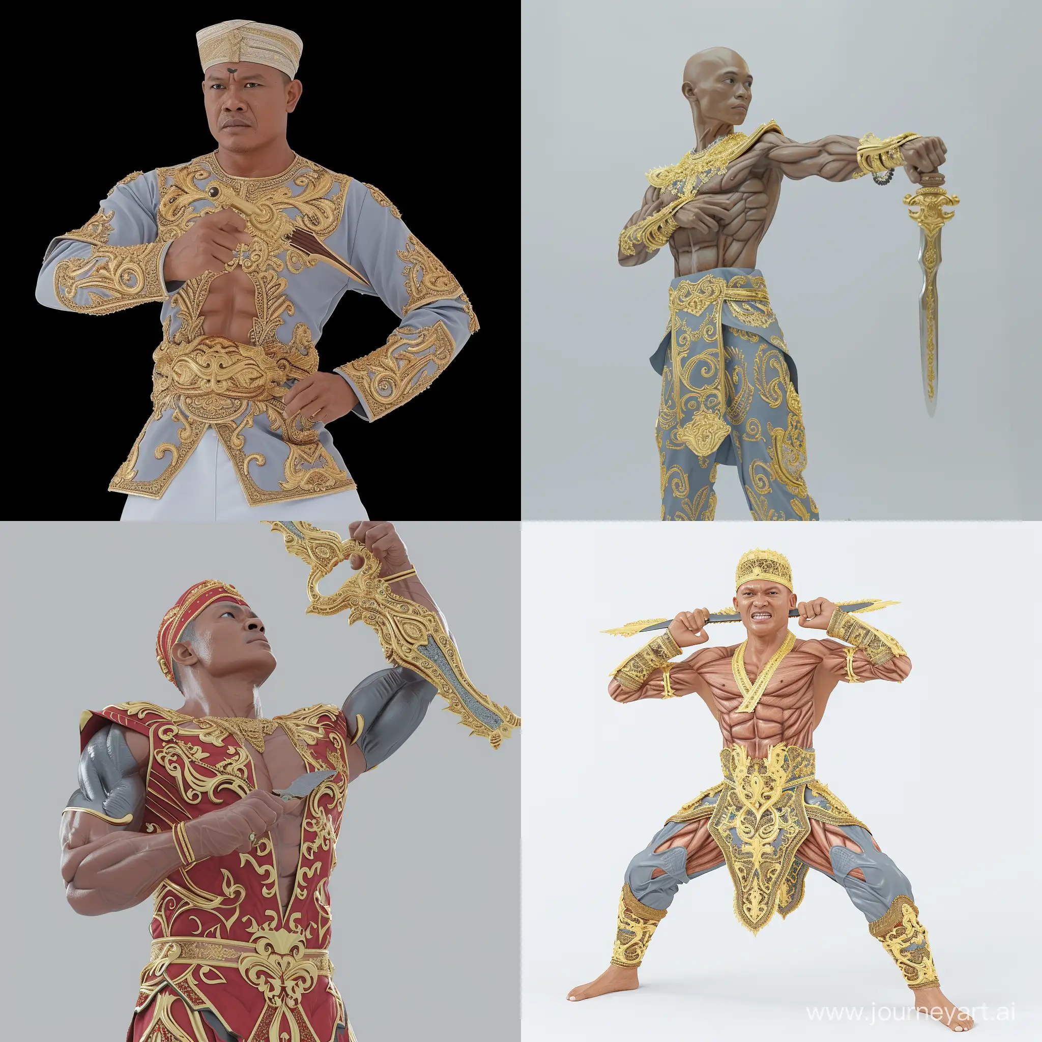 realistic muscular malay man with exaggerated muscles wear traditional malay costume holding a keris traditional waepon --sref https://pemetaanbudaya.jkkn.gov.my/assets/images/upload/culture_20230321093737.jpg https://jspewter.com.my/wp-content/themes/twentyeleven/cms/uploads/photos/5528.VIP6_142GBB_12x15_2_Keris_GoldPlatedPewter_PremiumSouvenirGiftsMalaysia.jpg 