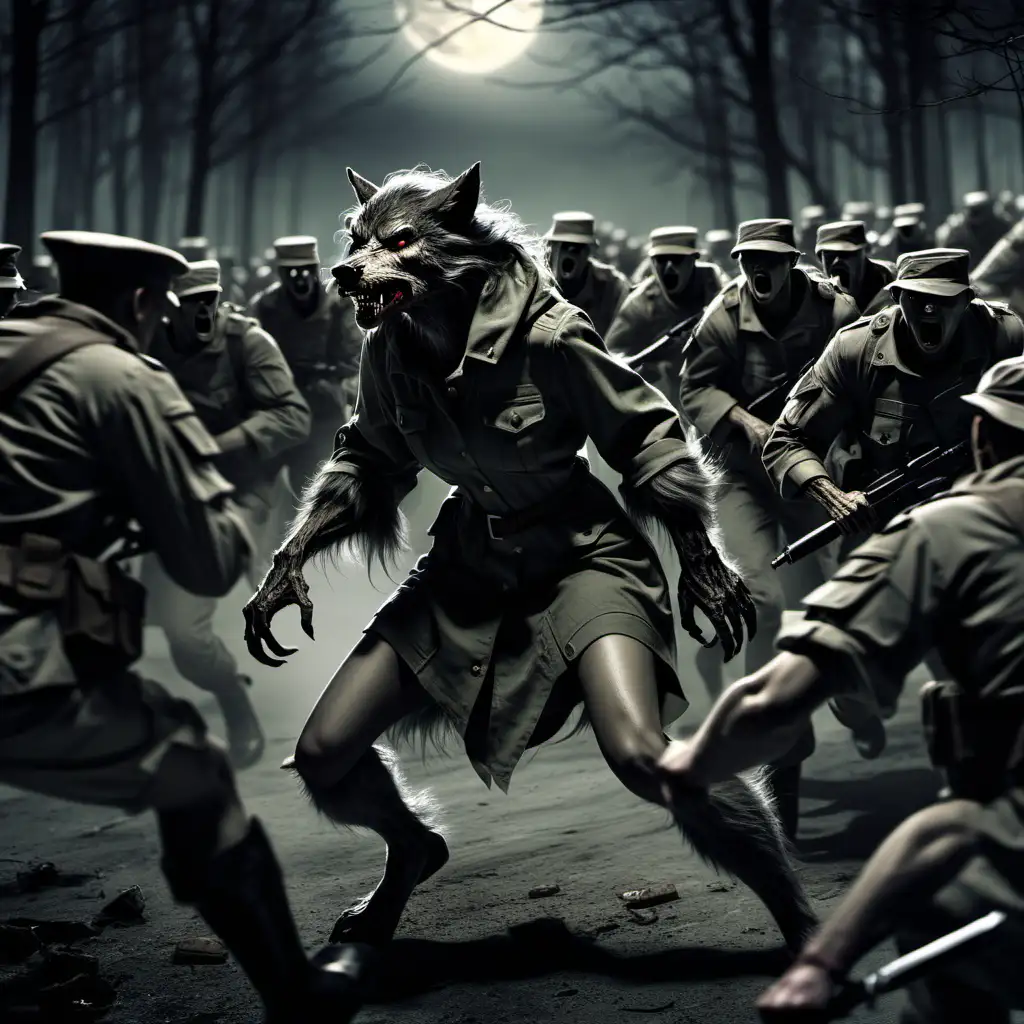 Fierce Female Werewolf Ambushing Soldiers at Moonlit Night