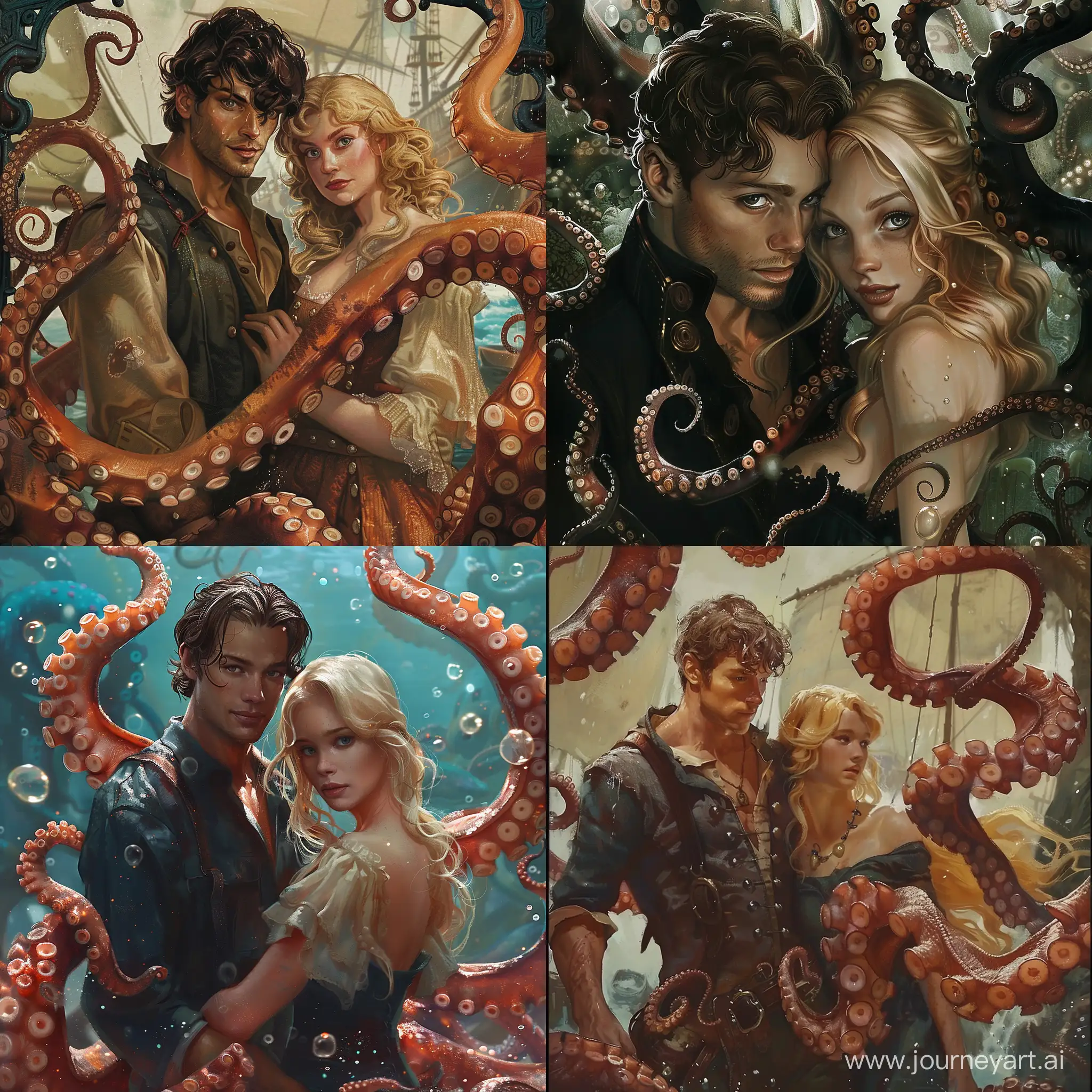 Fantasy, парень брюнет и девушка блондинка и щупальца осьминога