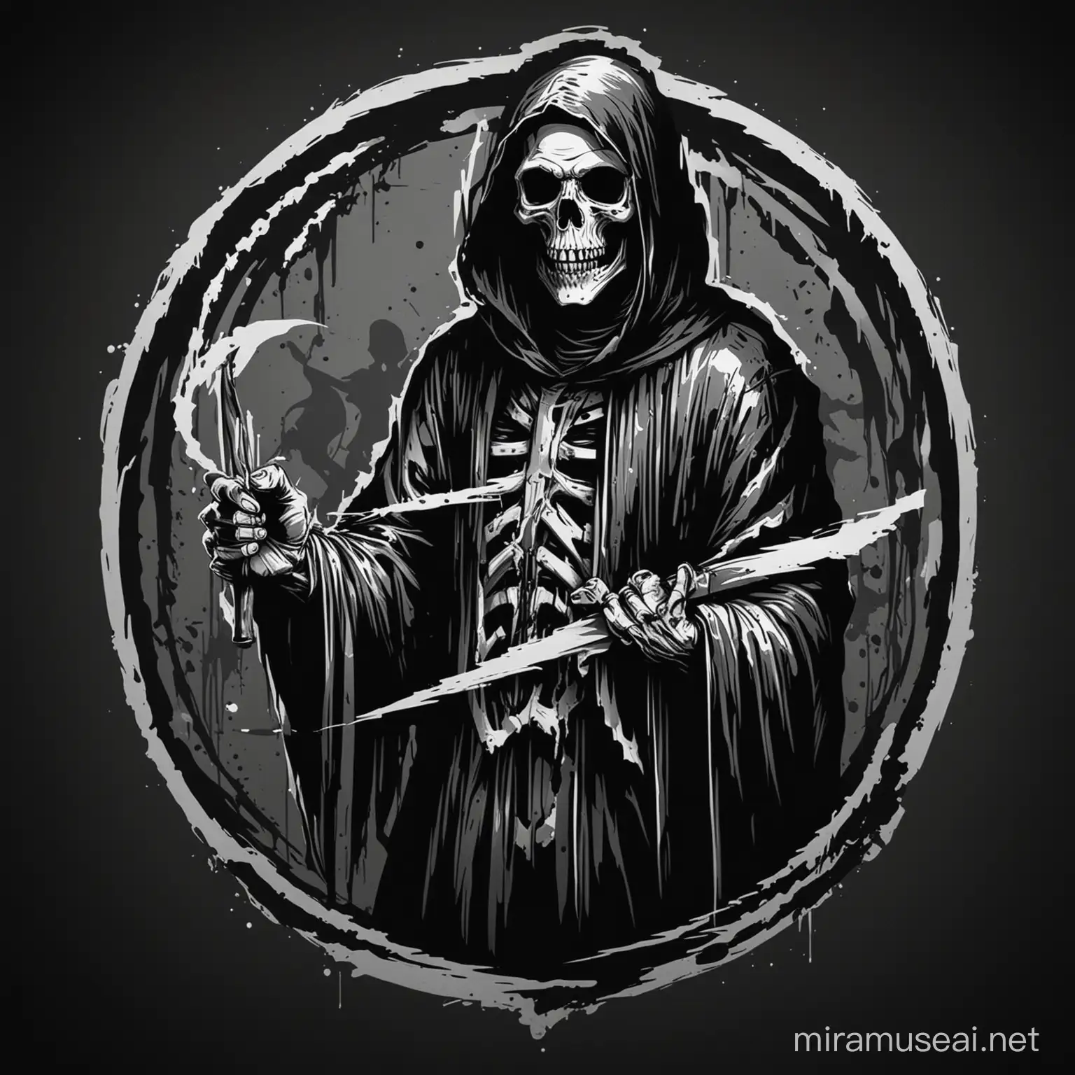 Black and white Stencil of the grim reaper holding a tape, logo, in the style of Jim Phillips, minimalist, simplicity, vector art, isolated on black background -v 5