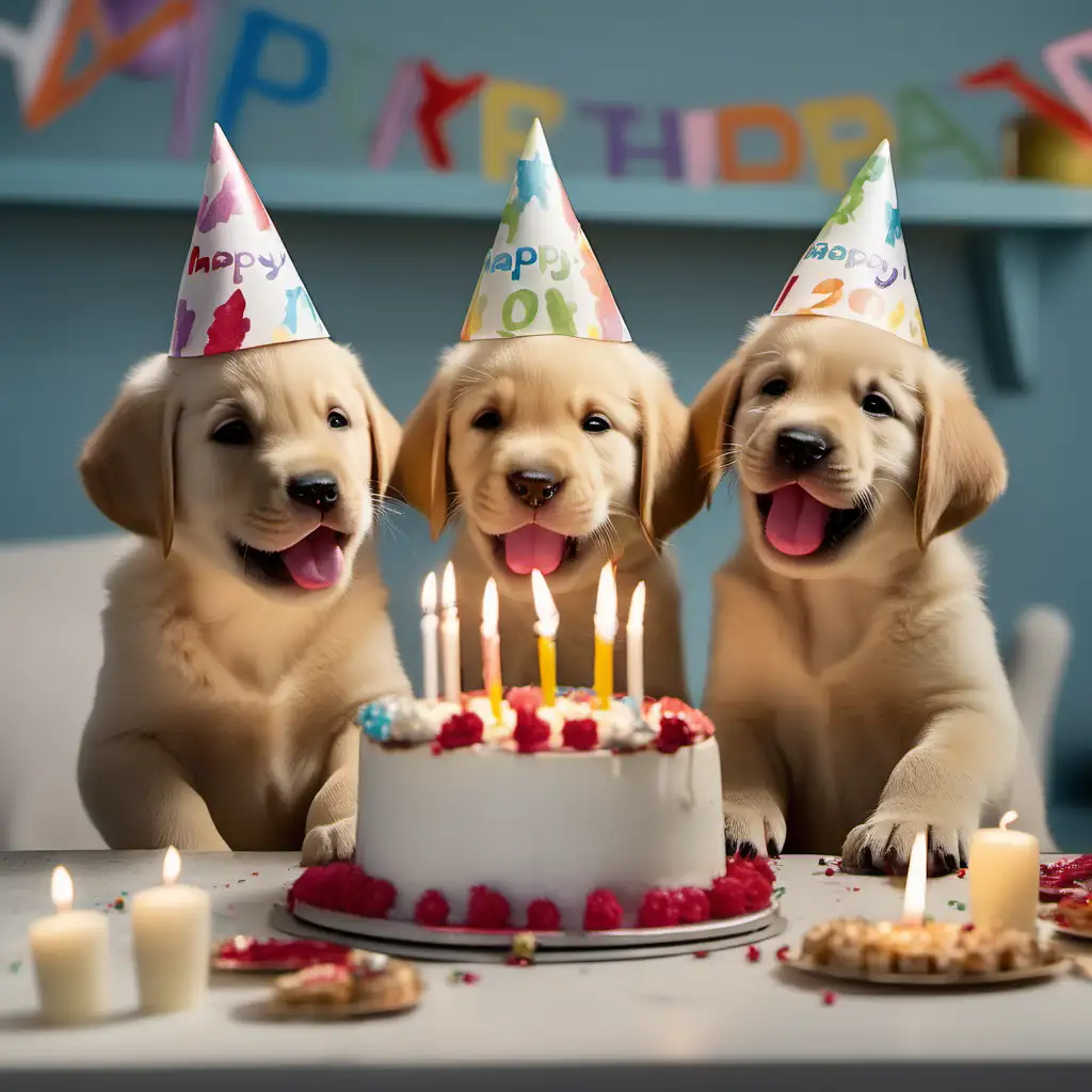 three cute and smiling happy labrador retriever puppies wearing pointed hats and blowing out candles on a birthday cake. They are looking at the cake and clapping their paws together in excited anticipation -- aspect ratio 293:151