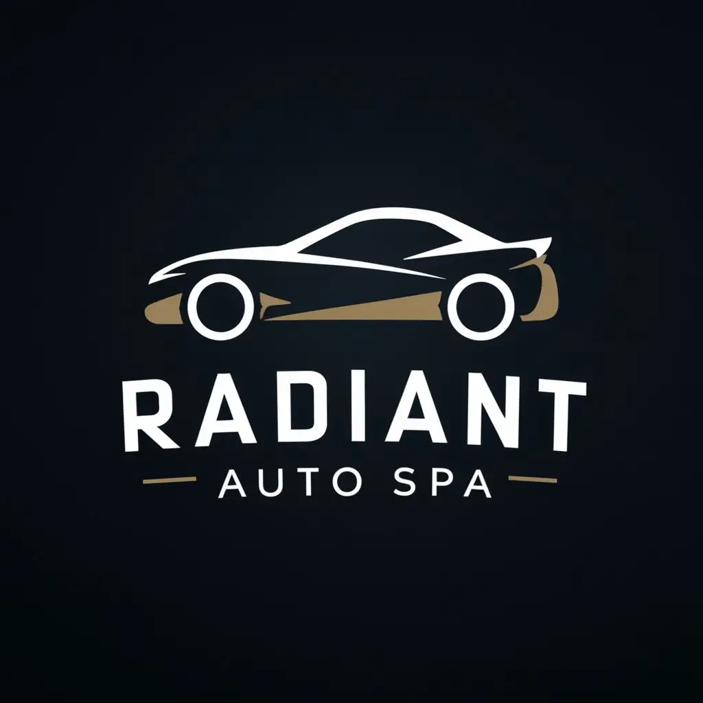 logo, CAR, with white text "Radiant Auto Spa", typography, be used in Automotive industry, gold accents on the car
