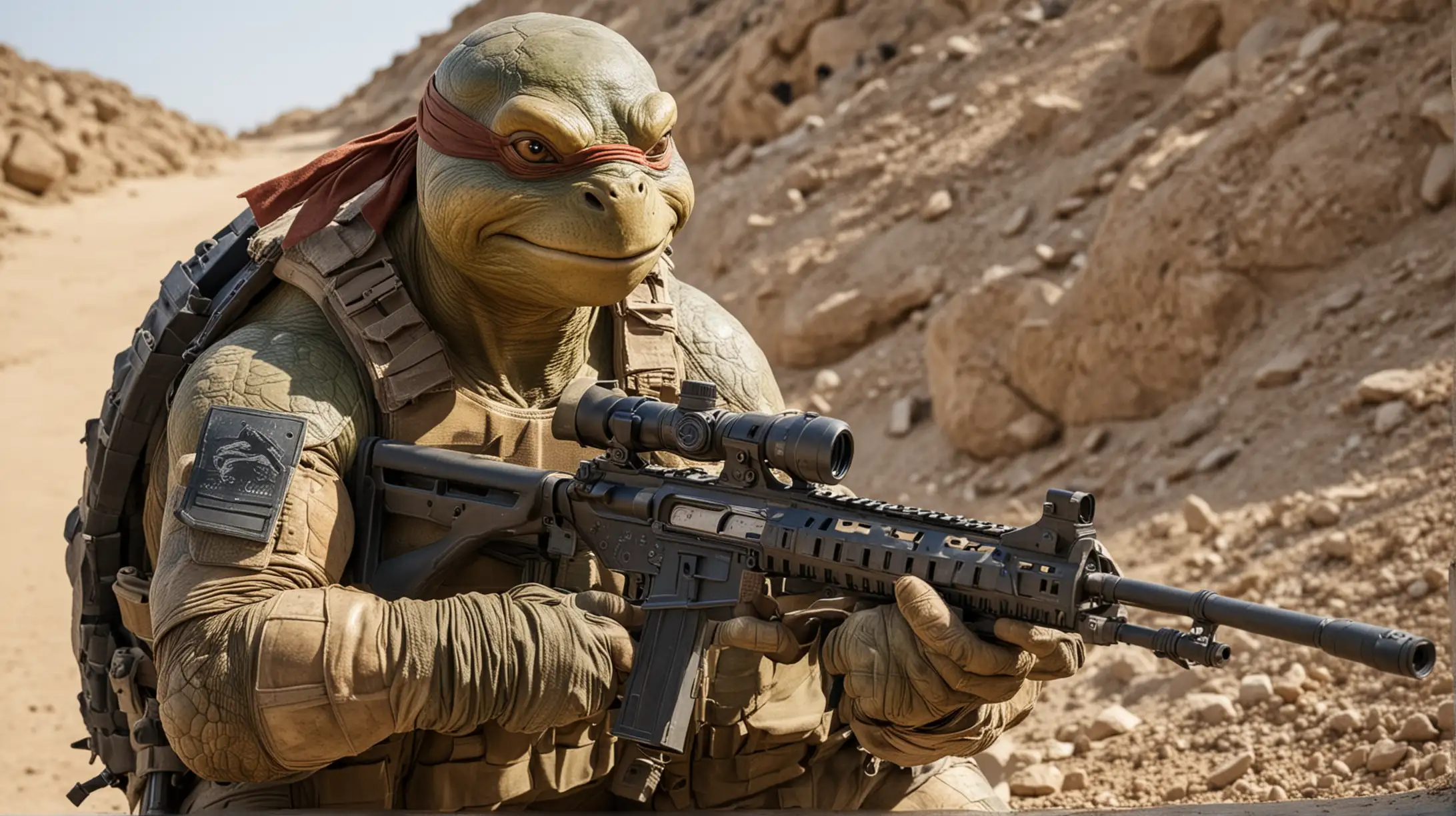 Leonardo the ninja turtle has joined the navy seals as a sniper, on deployment in Afghanistan