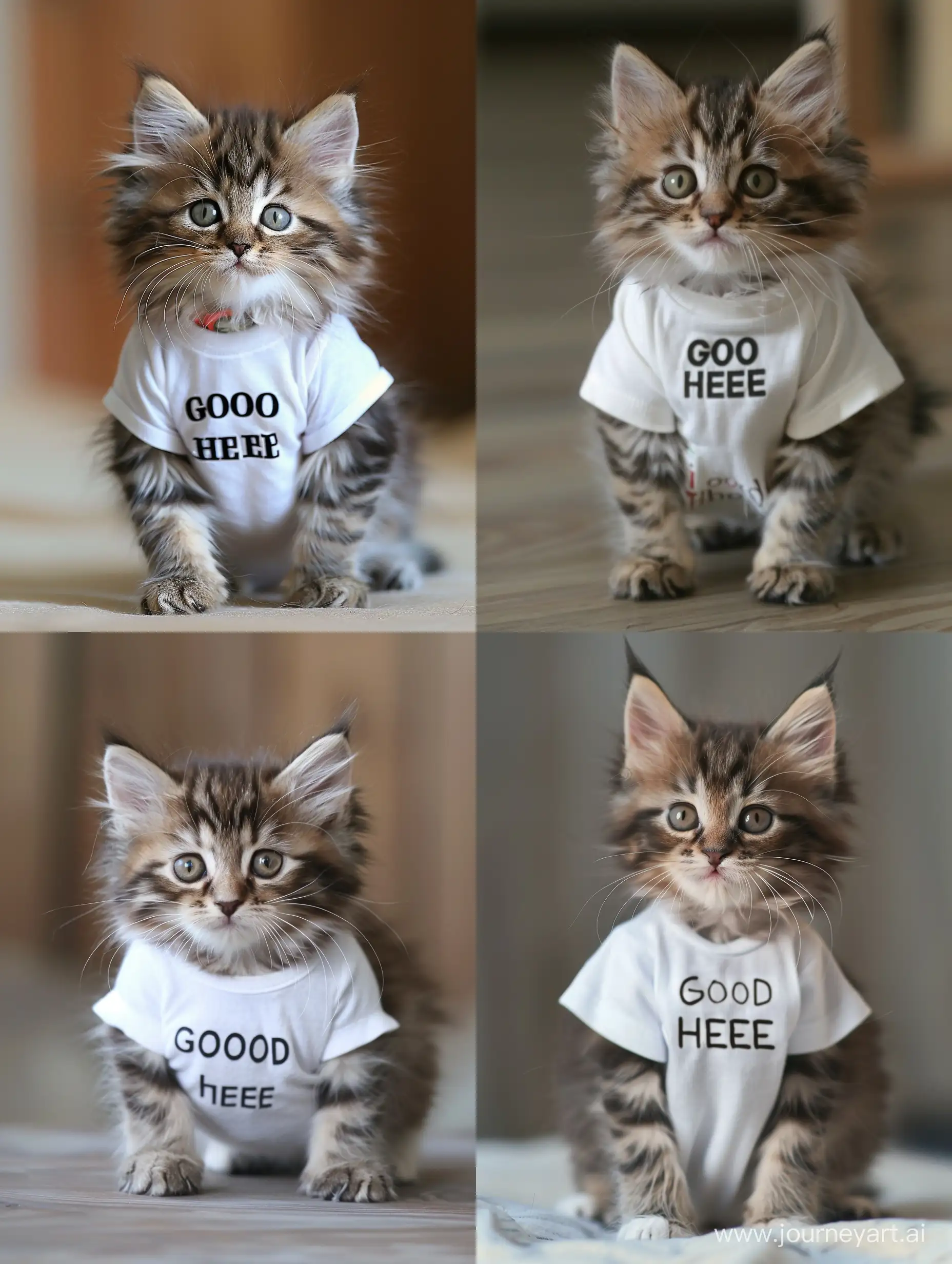 котенок в белой футболке с надписью спереди "добро здесь"