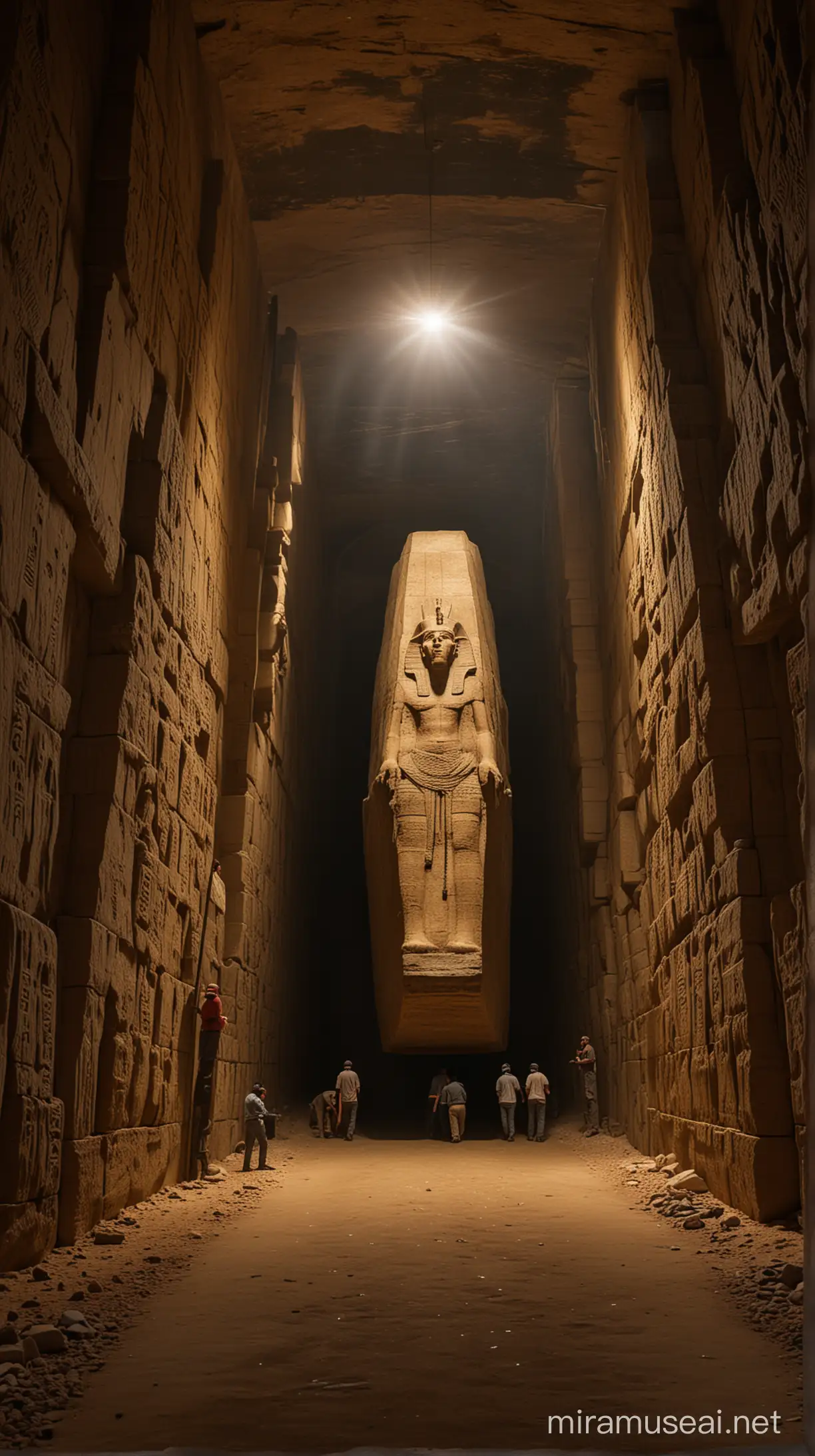 Ancient Egyptian Tomb Workers Maneuvering Massive Stone Coffin in Dimly Lit Tunnel