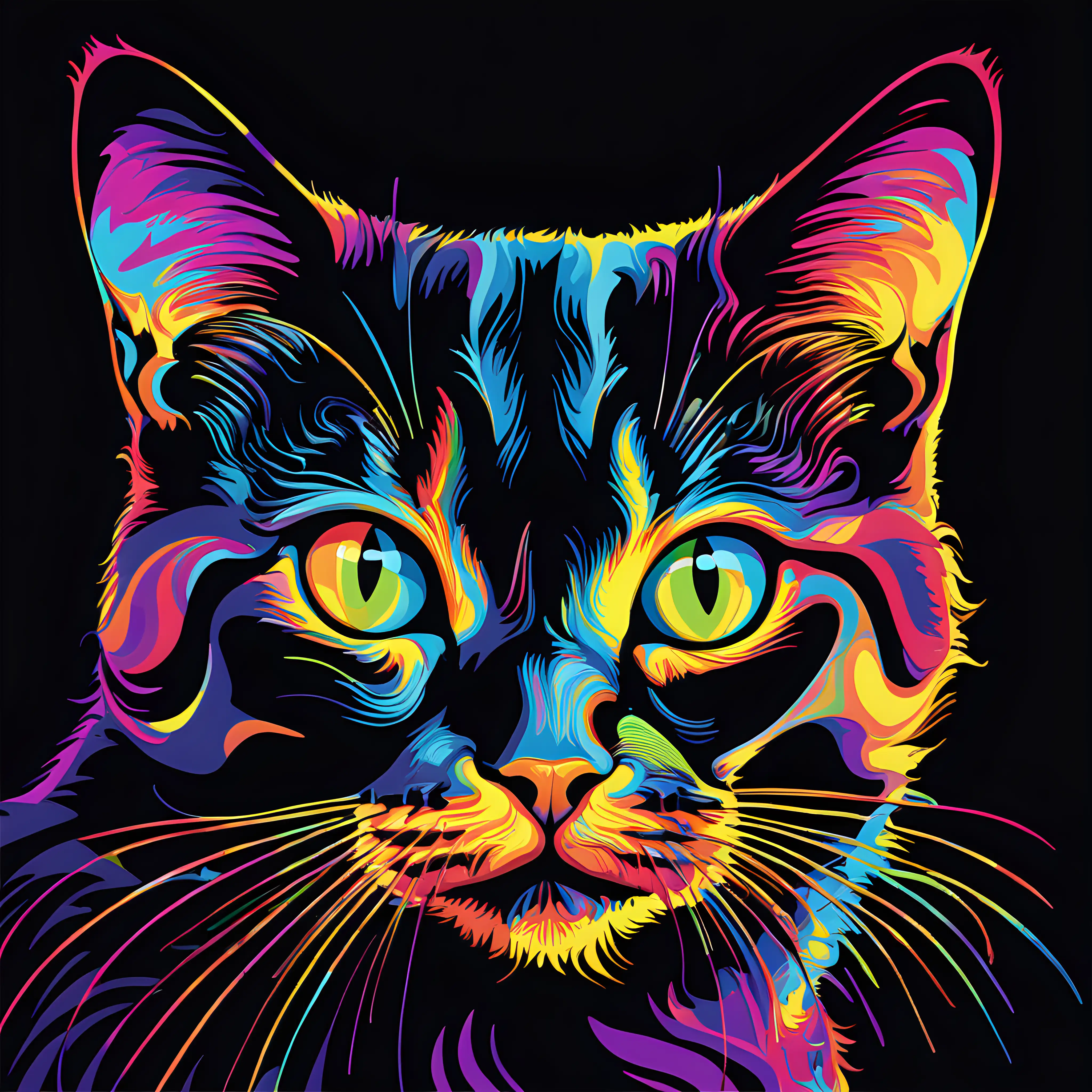 Psychedelic Multicolored Black Cat on Black Background