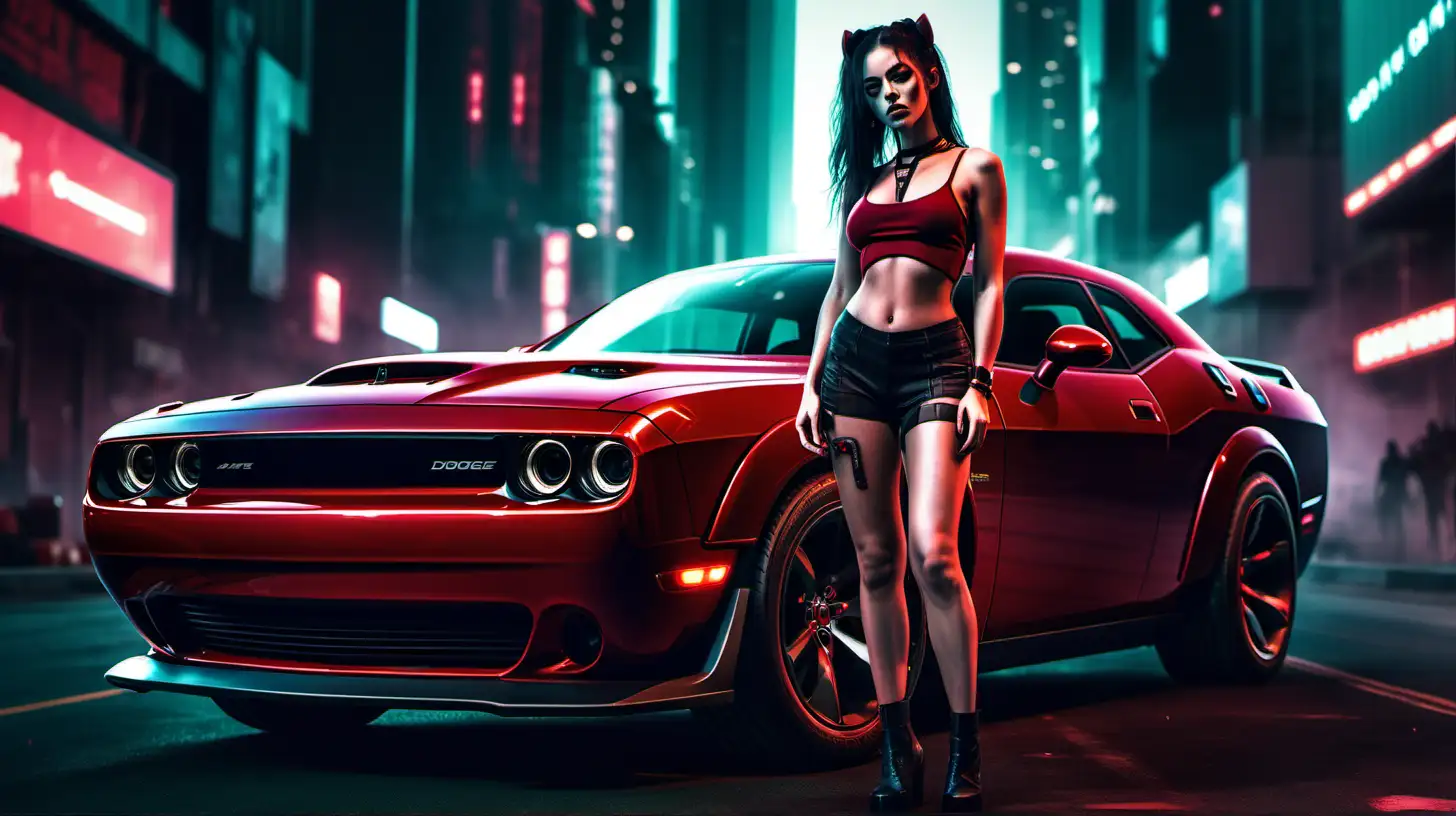 A beautiful modern cyberpunk style wallpaper featuring a deep red dodge challenger demon car and a super attractive girl wearing a skimpy cyberpunk style outfit 