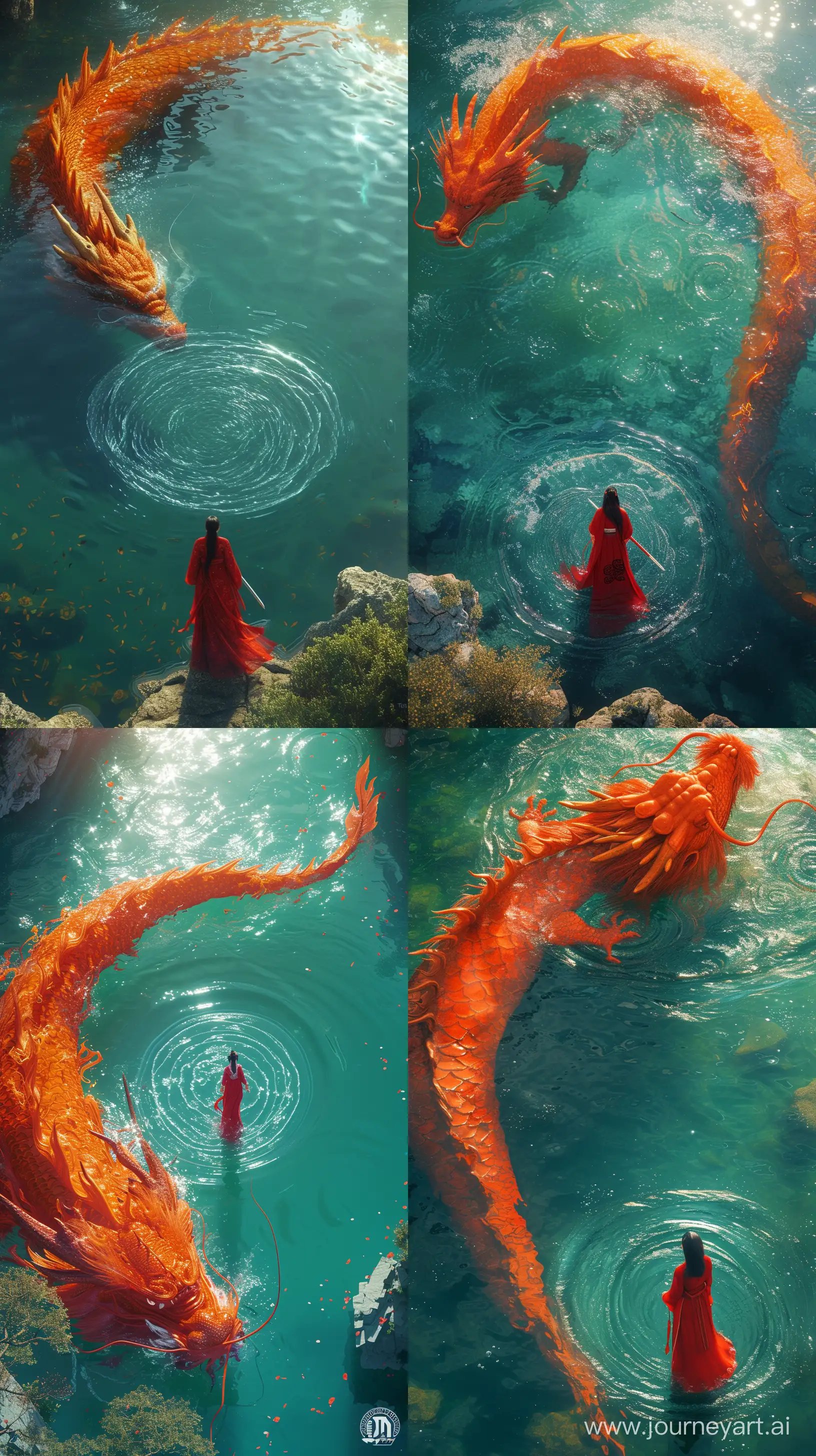 animation of an orange red giant Chinese dragon swimming on the lake surface, the dragon huge and very long, An ancient Chinese woman wearing red Hanfu, A circle of ripples formed on the water surface the woman holding a sword in her hand, Drone perspective, blue-green lake water, Chinese Martial Arts World, Chinese mythological scenes, Bright colors. Sunlight, Transparent lake water, megalophobia, by Tsui Hark, Chinese movie Big Fish and Begonia --ar 9:16 --stylize 250