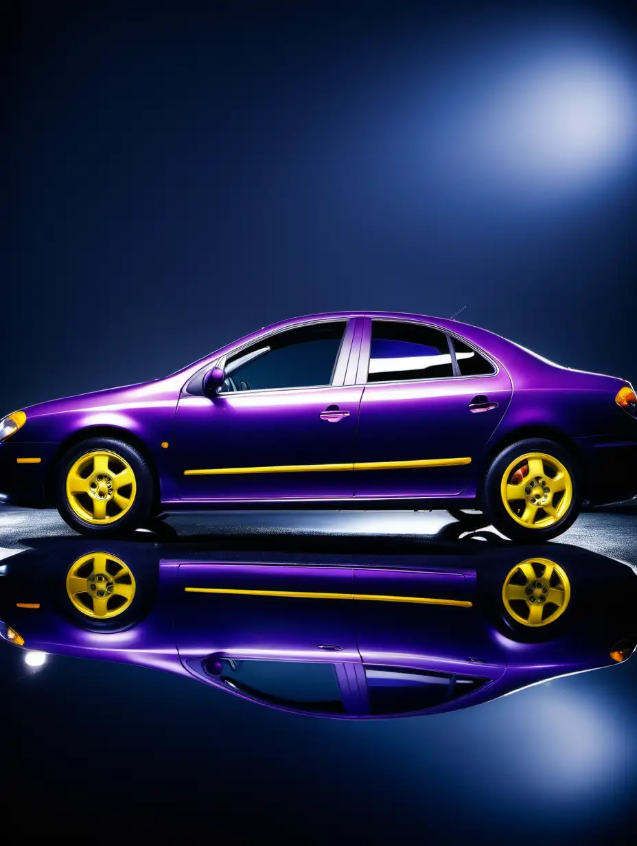 professional photo with reflection. a car in purple with yellow seats. dark blue theme.



