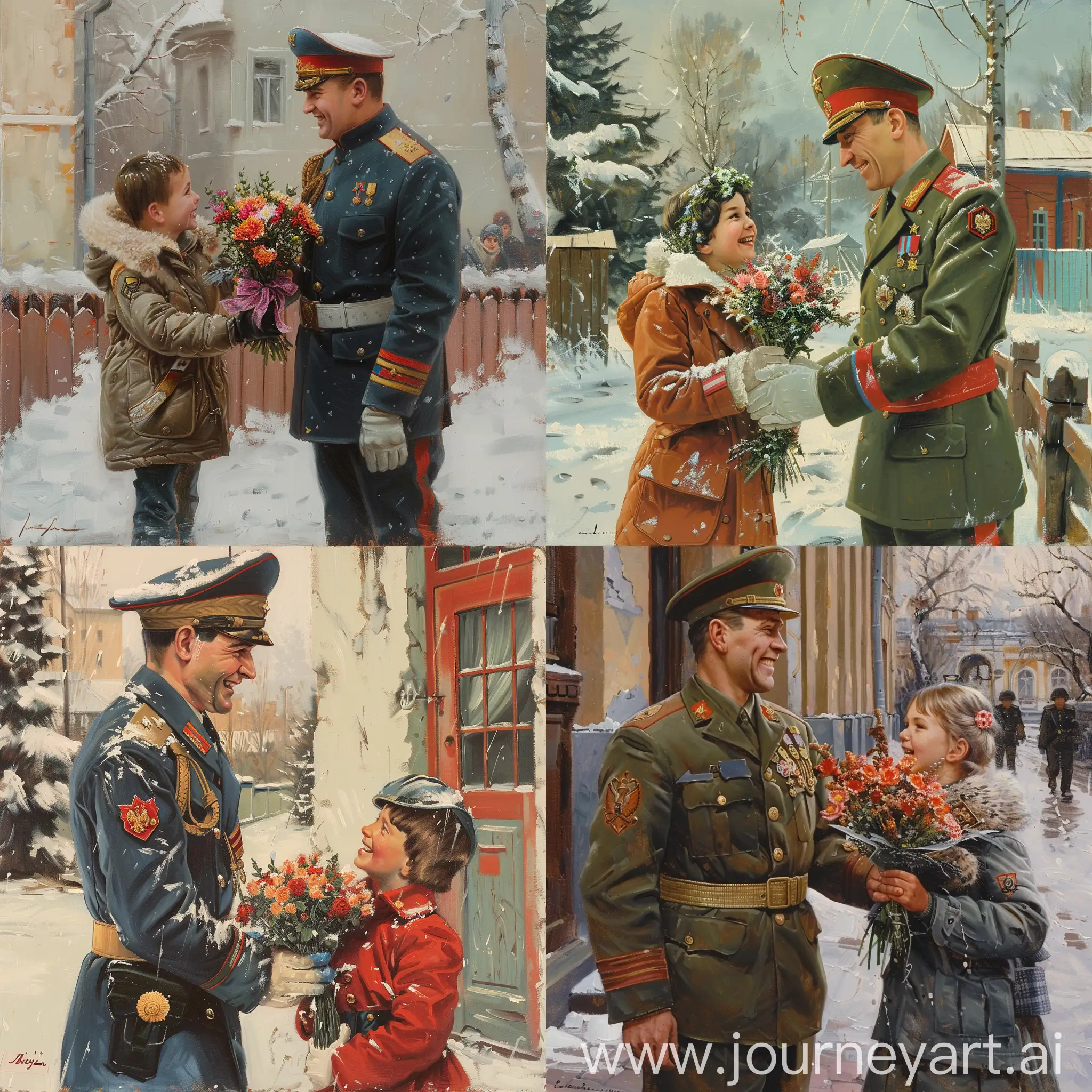 Russian holiday February 23, postcard - child gives flowers to military officer, they smile, oil painting, airbrush, гипердетализация