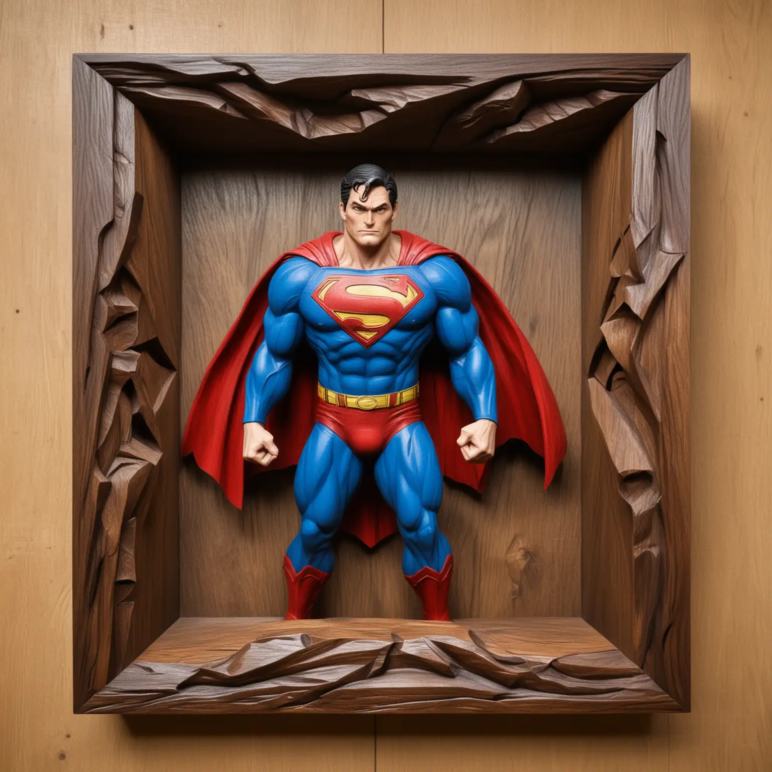 3D dark wood carved  tattooed man of steel-superman standing tunnel  within oak wood surround frame